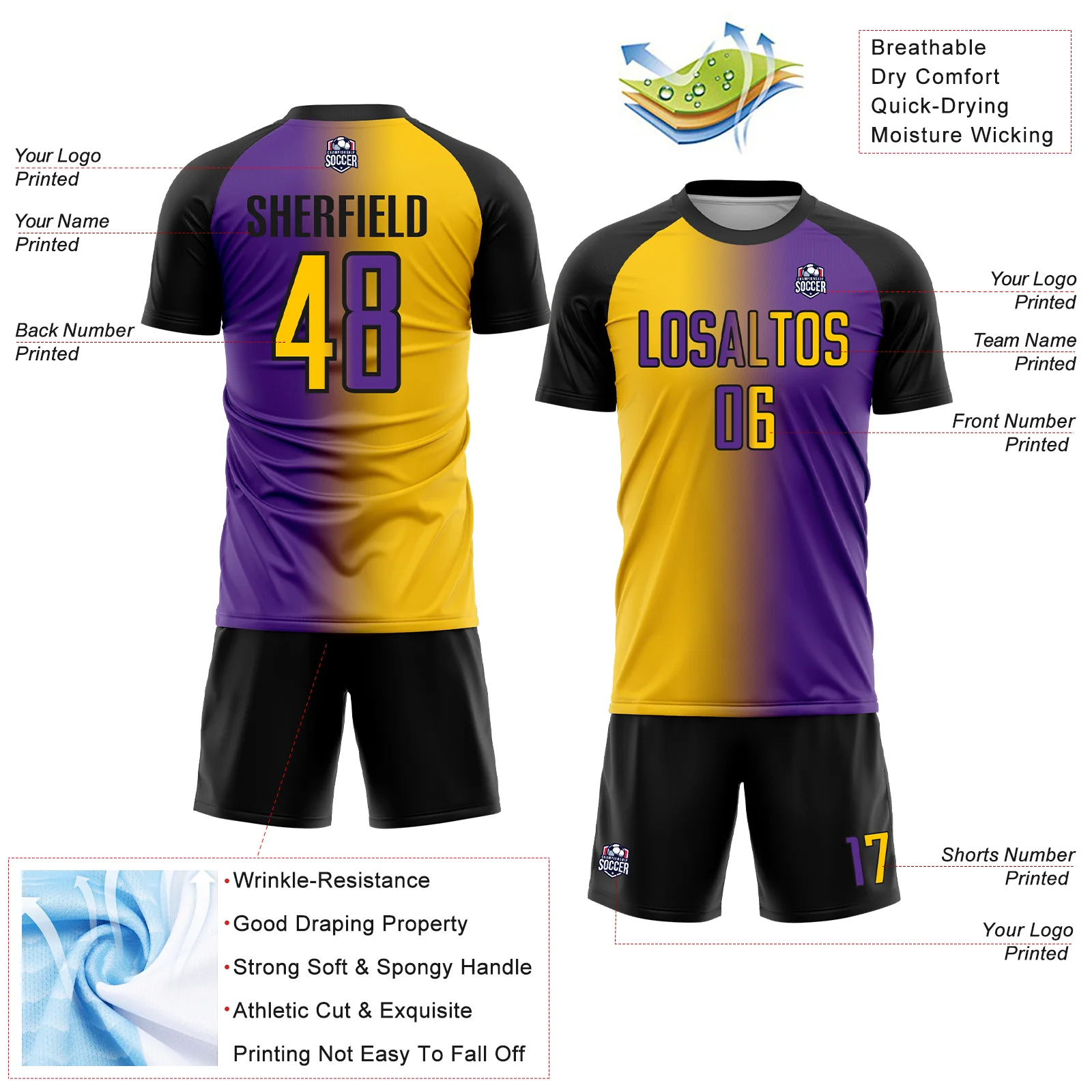 Custom Purple Yellow-Black Sublimation Gradient Fashion Soccer Uniform Jersey - Image 4