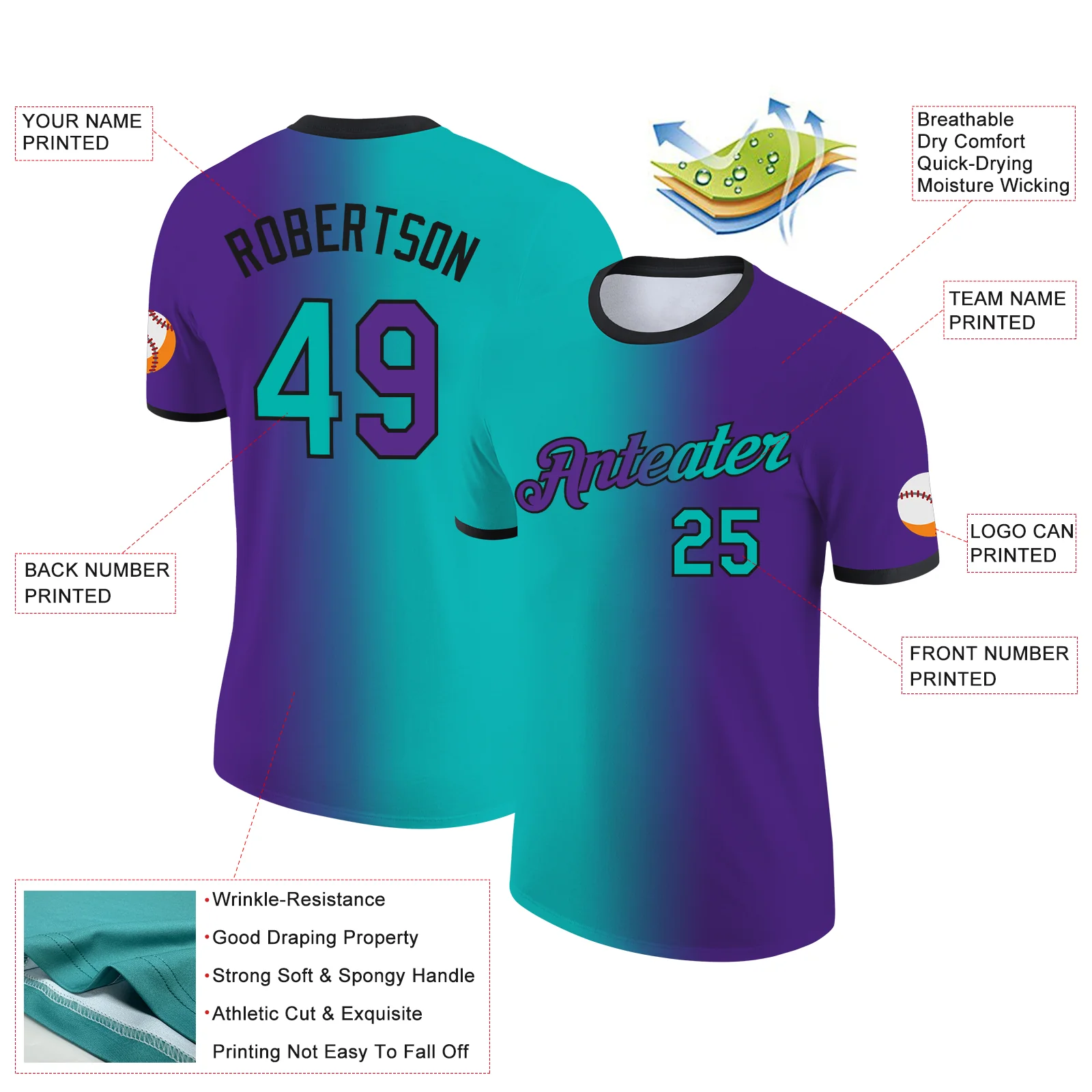Custom Purple Aqua-Black Gradient Fashion Performance T-Shirt - Image 2