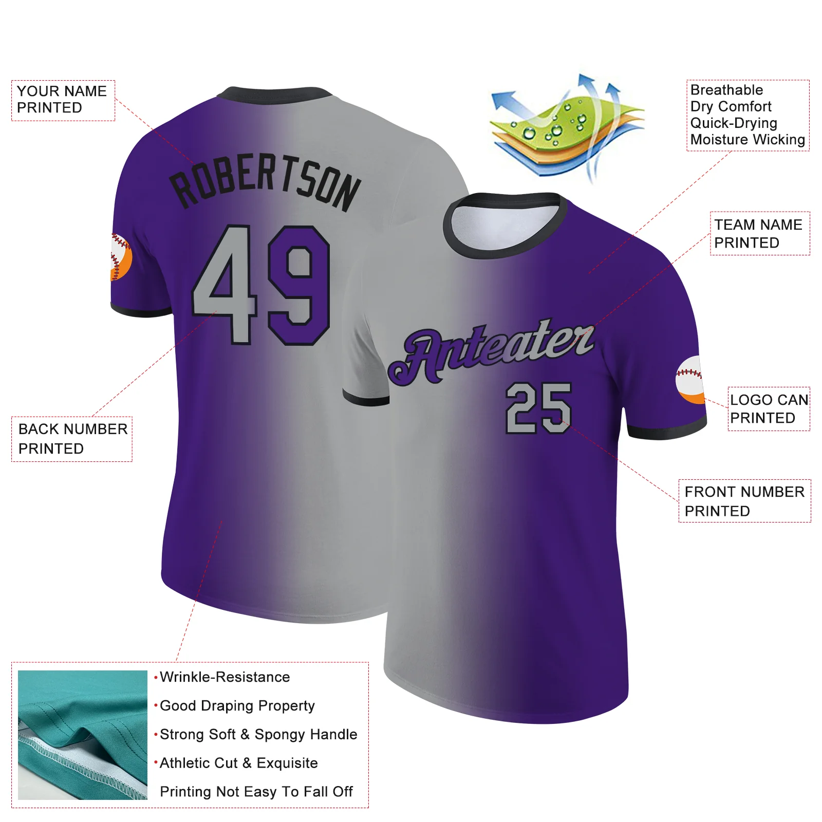 Custom Purple Gray-Black Gradient Fashion Performance T-Shirt - Image 2