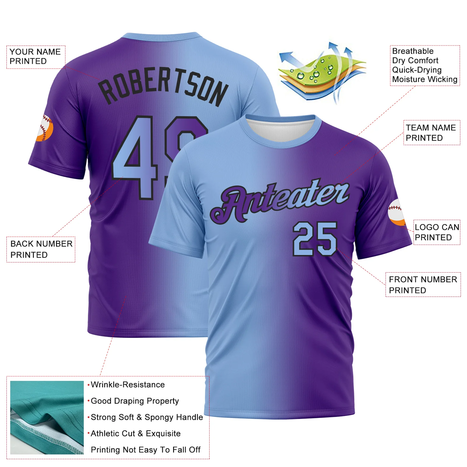 Custom Purple Light Blue-Black Gradient Fashion Performance T-Shirt - Image 2