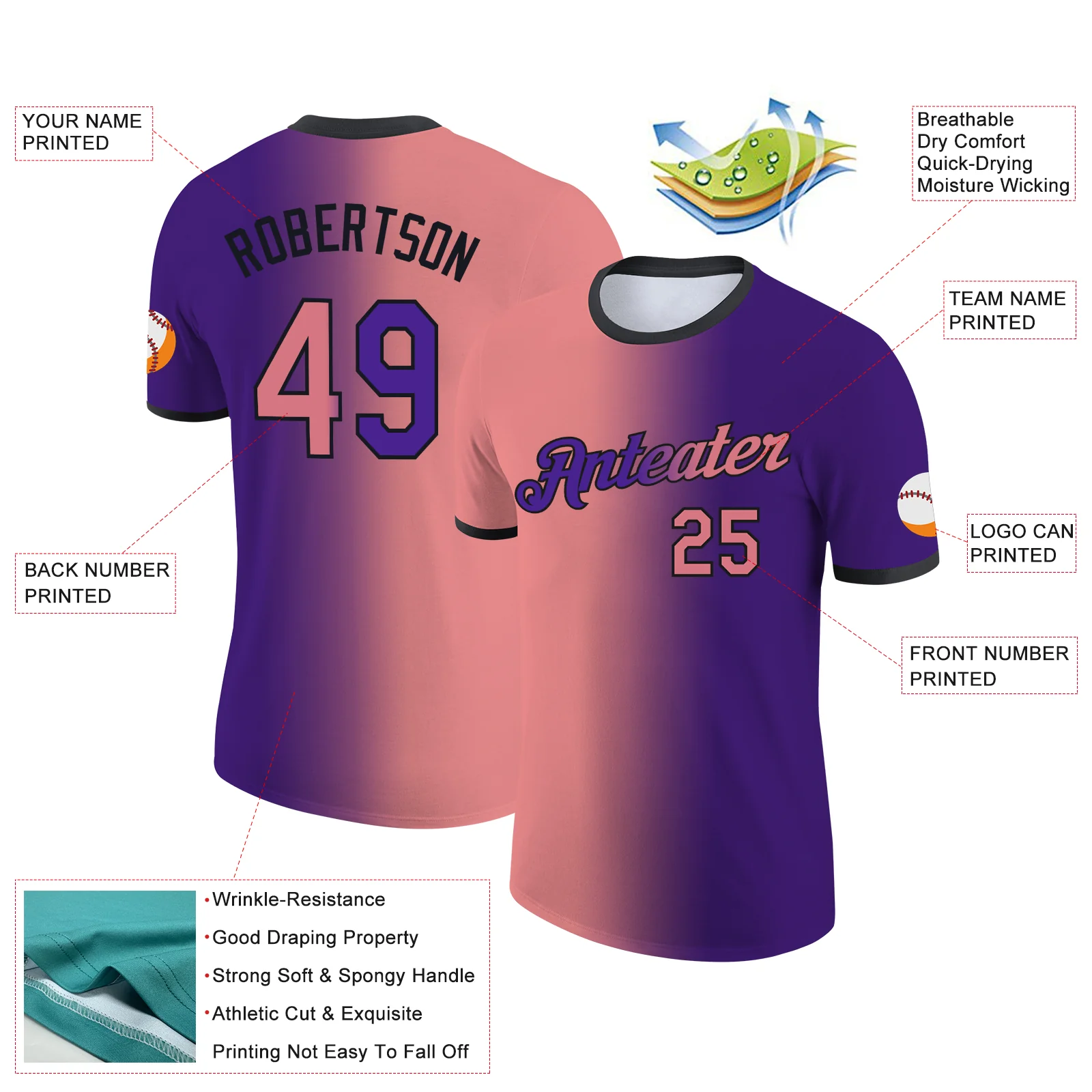 Custom Purple Medium Pink-Black Gradient Fashion Performance T-Shirt - Image 2