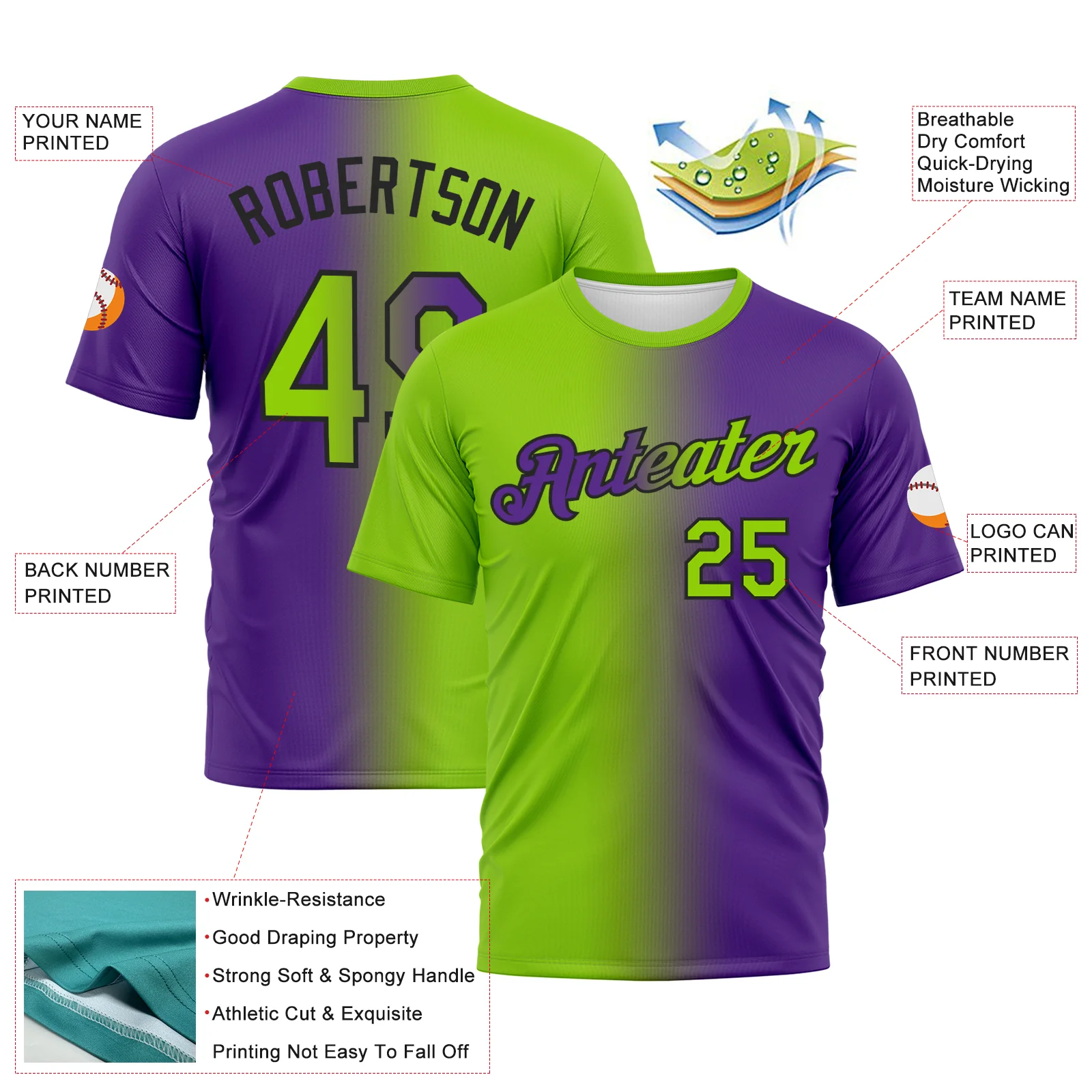 Custom Purple Neon Green-Black Gradient Fashion Performance T-Shirt - Image 3