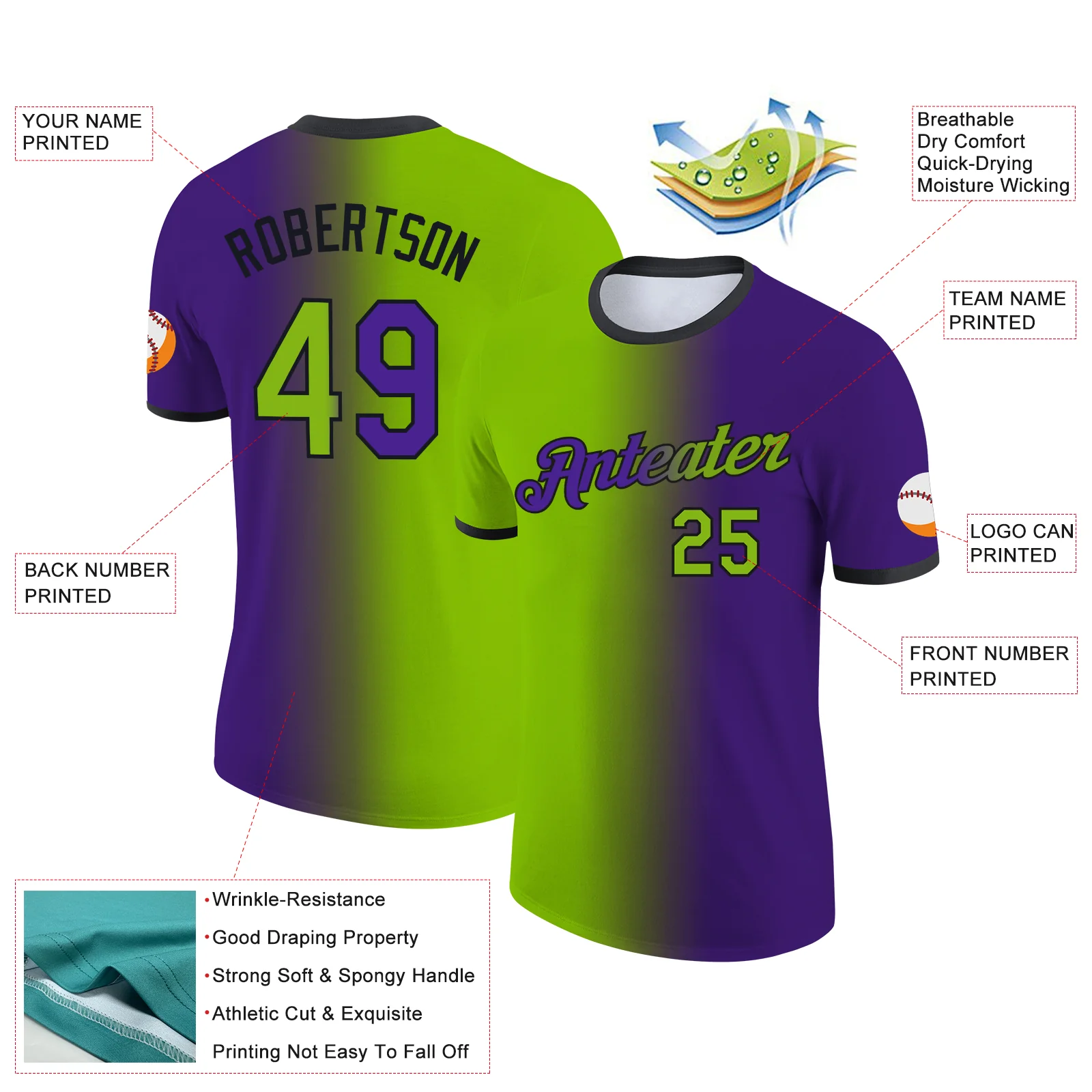 Custom Purple Neon Green-Black Gradient Fashion Performance T-Shirt - Image 2
