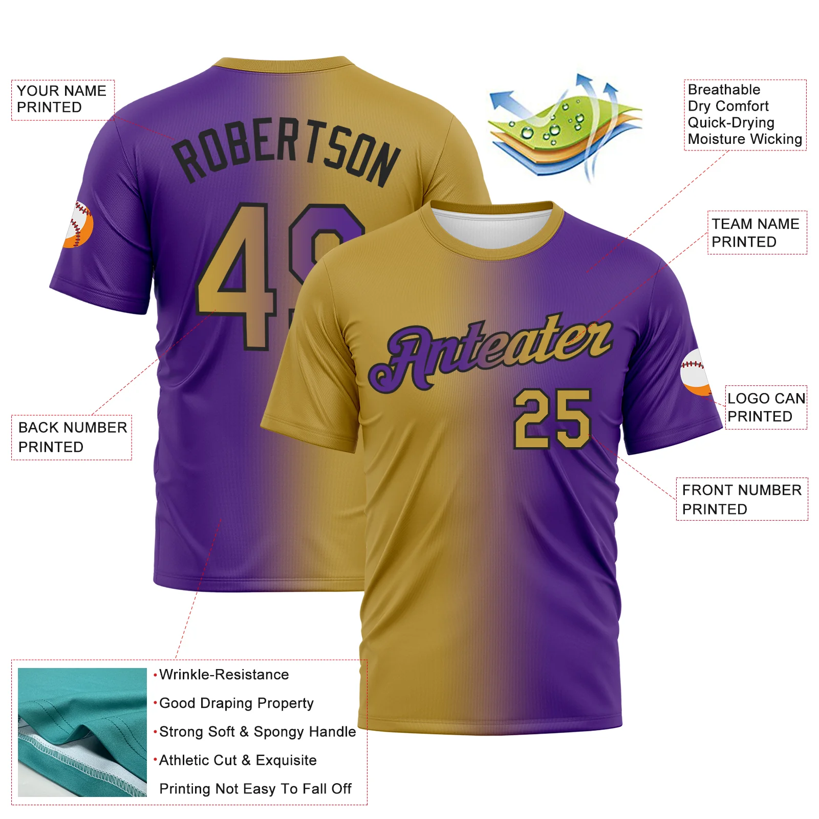 Custom Purple Old Gold-Black Gradient Fashion Performance T-Shirt - Image 2
