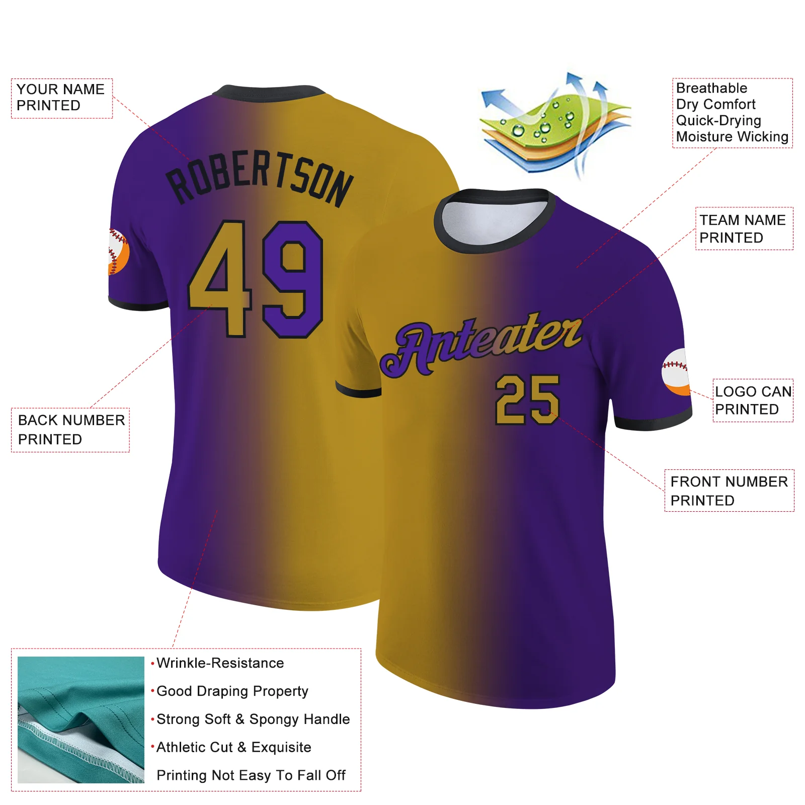 Custom Purple Old Gold-Black Gradient Fashion Performance T-Shirt - Image 2