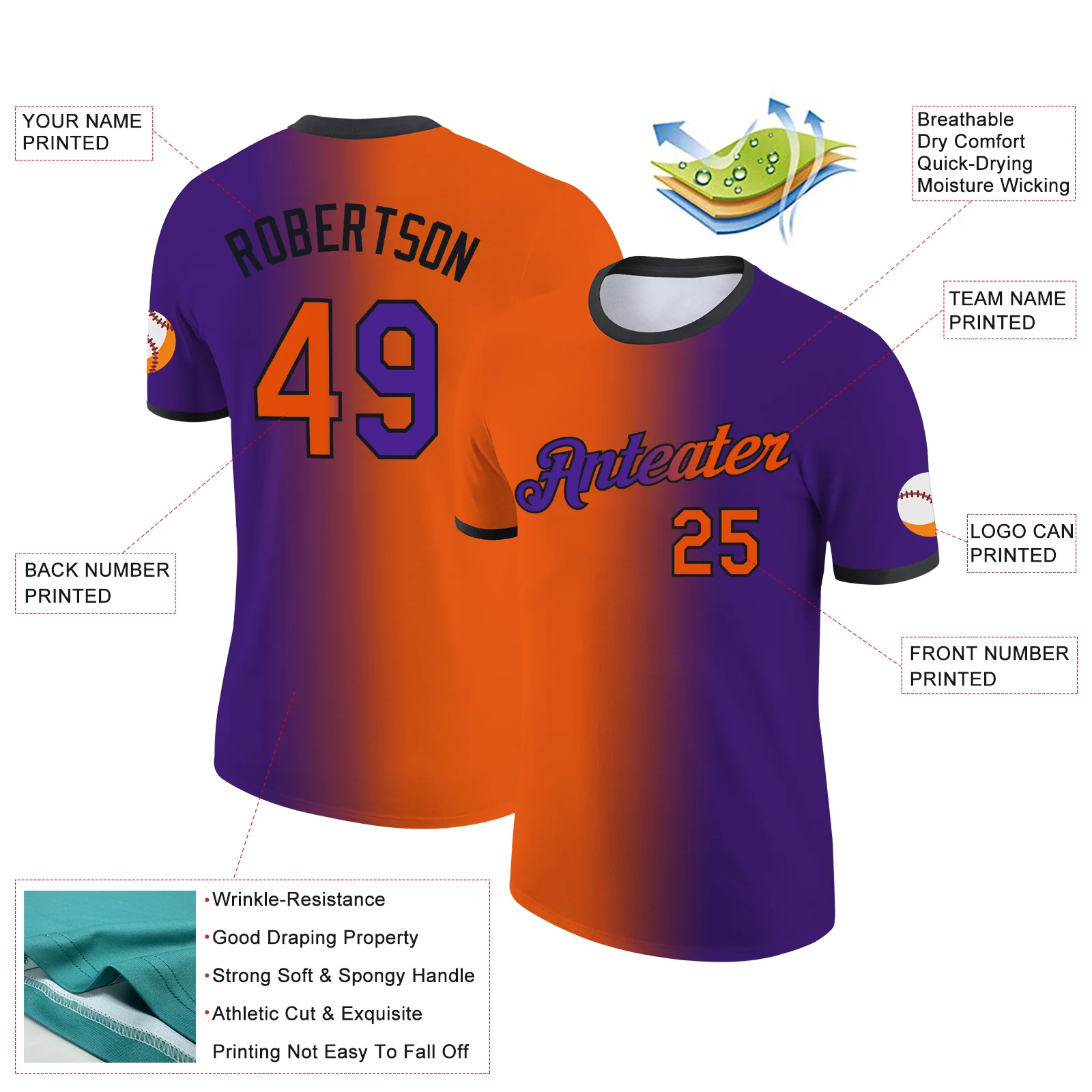 Custom Purple Orange-Black Gradient Fashion Performance T-Shirt - Image 2