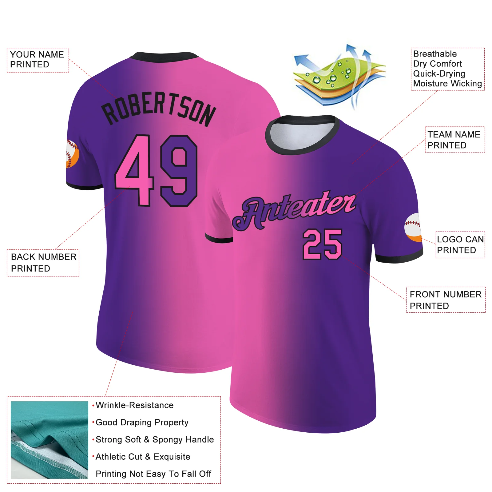 Custom Purple Pink-Black Gradient Fashion Performance T-Shirt - Image 2