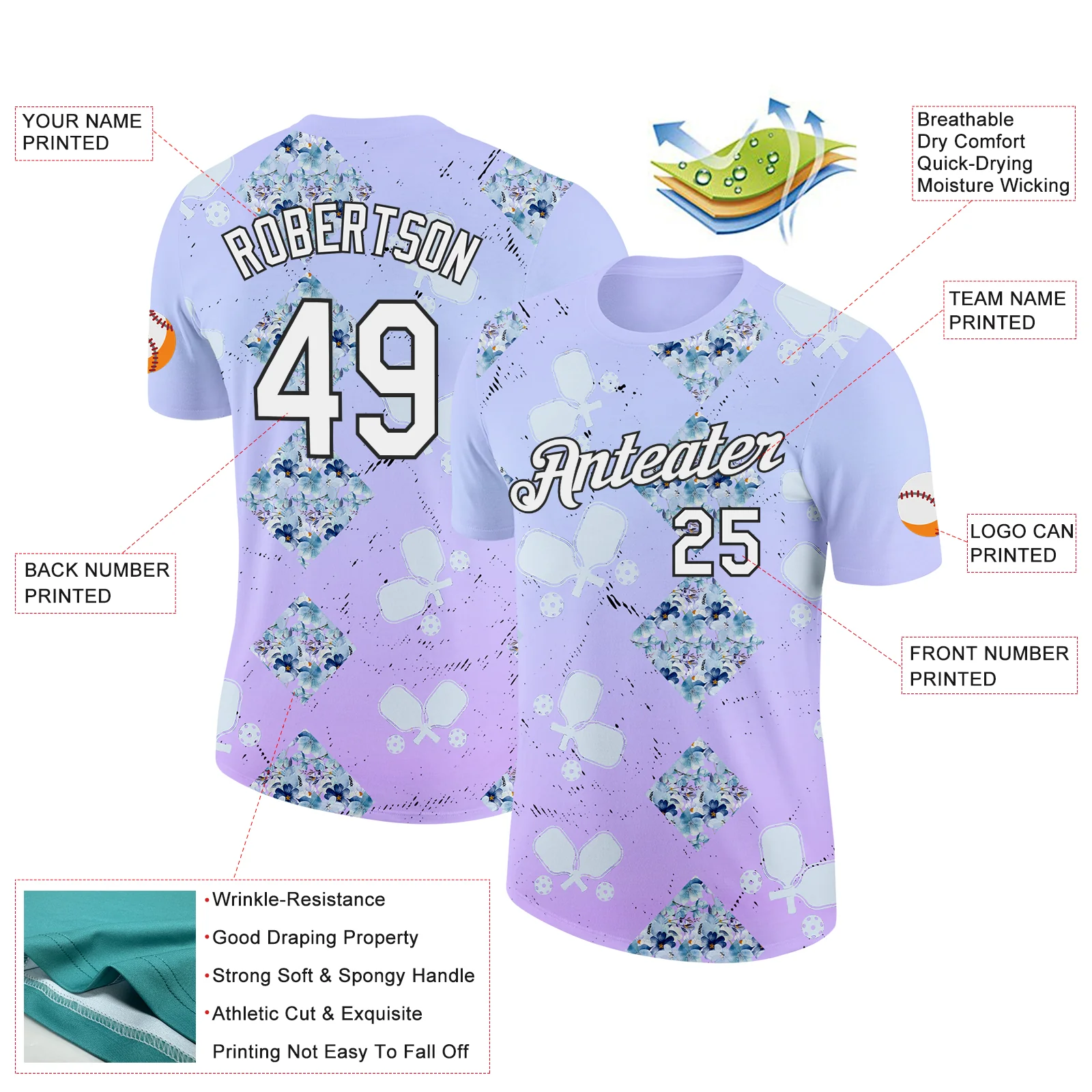 Custom Purple White-Black 3D Pickleball Paddles Balls Floral Performance T-Shirt - Image 2