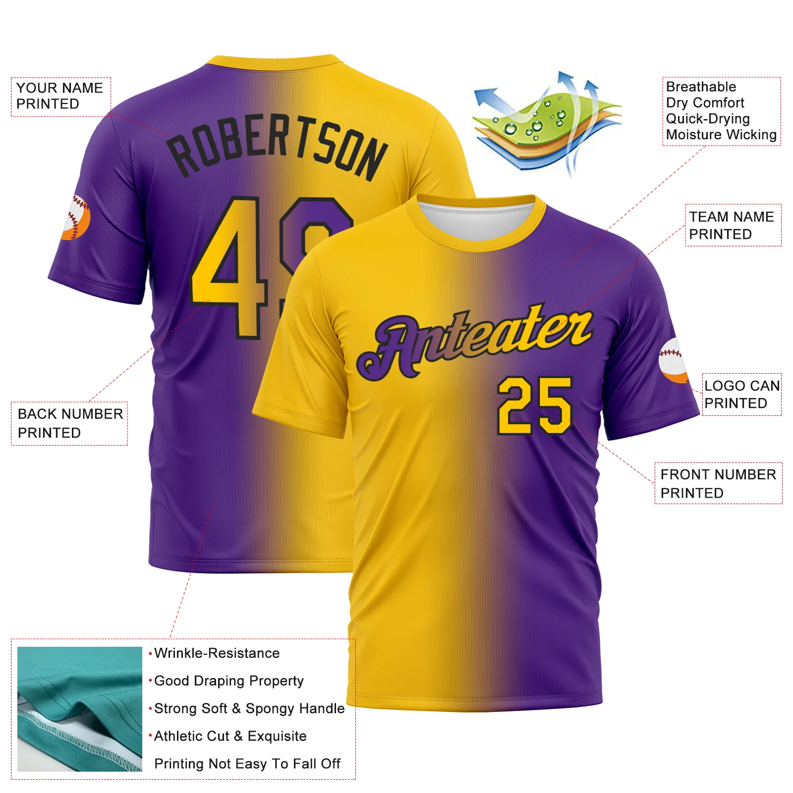 Custom Purple Yellow-Black Gradient Fashion Performance T-Shirt - Image 3