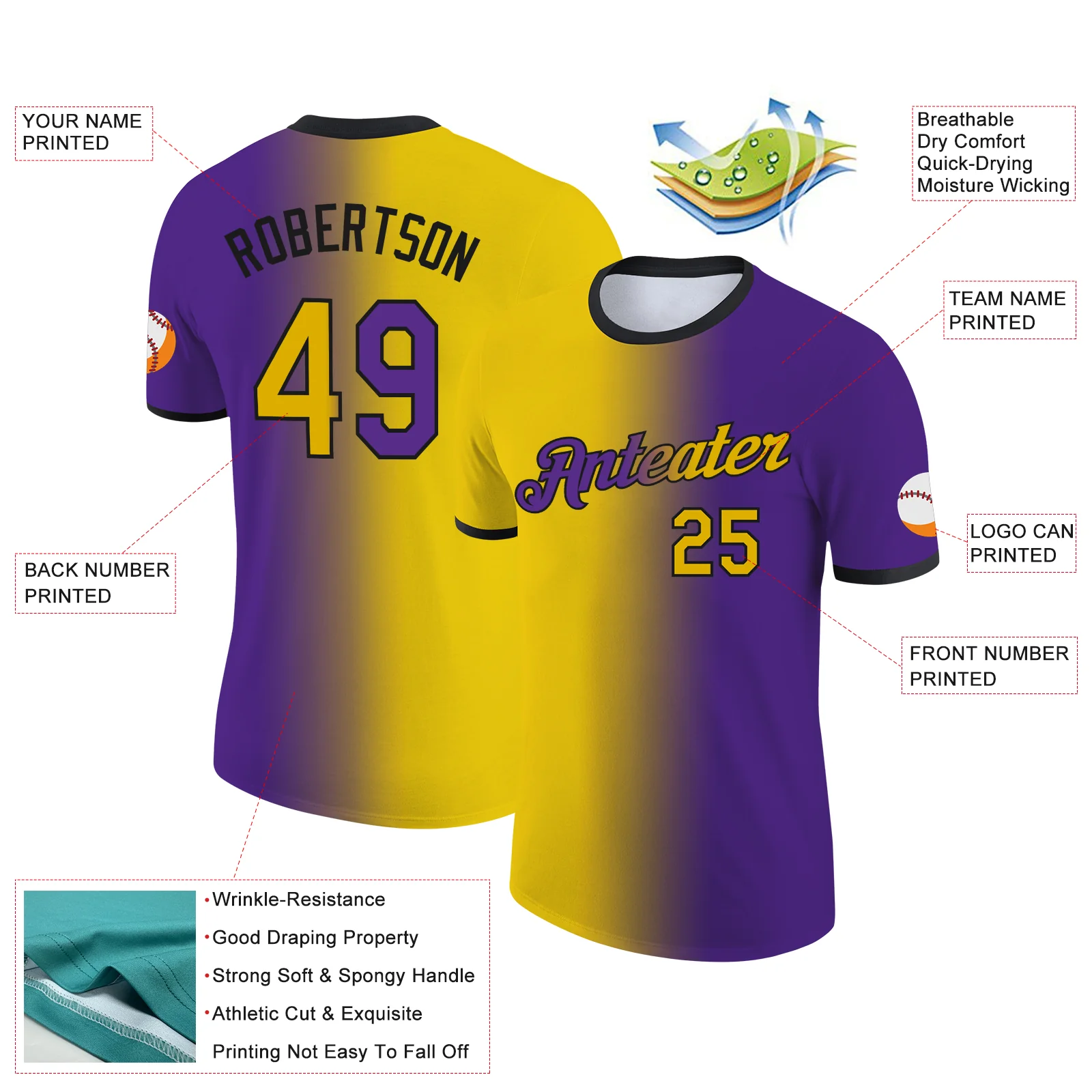 Custom Purple Yellow-Black Gradient Fashion Performance T-Shirt - Image 2
