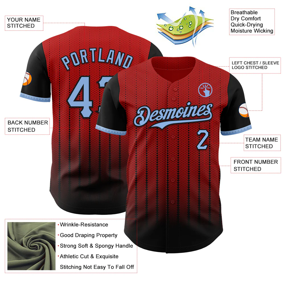 Custom Red Light Blue-Black 3D Pattern Design Gradient Geometric Shape Authentic Baseball Jersey - Image 3