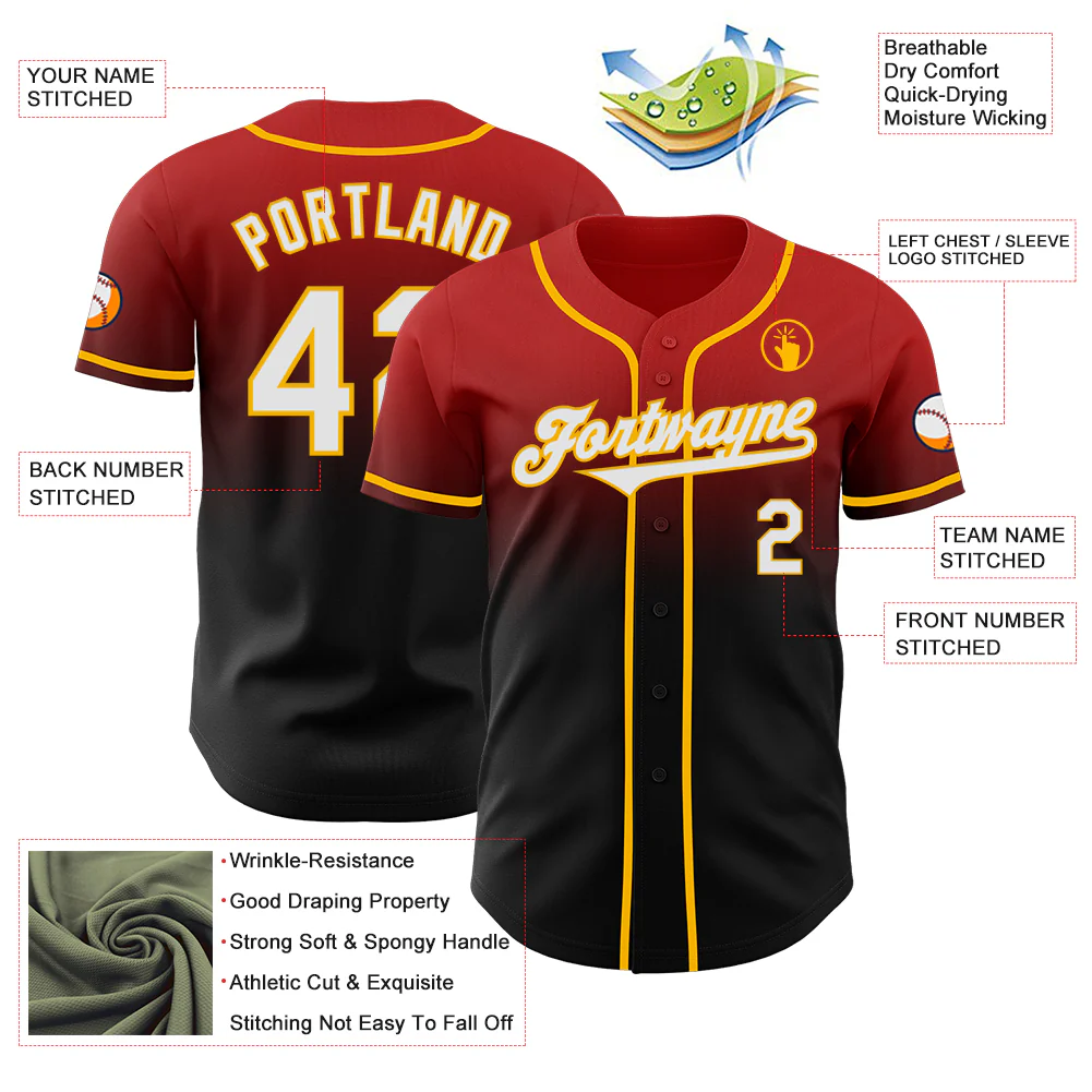 Custom Red Black-Gold Authentic Fade Fashion Baseball Jersey - Image 3