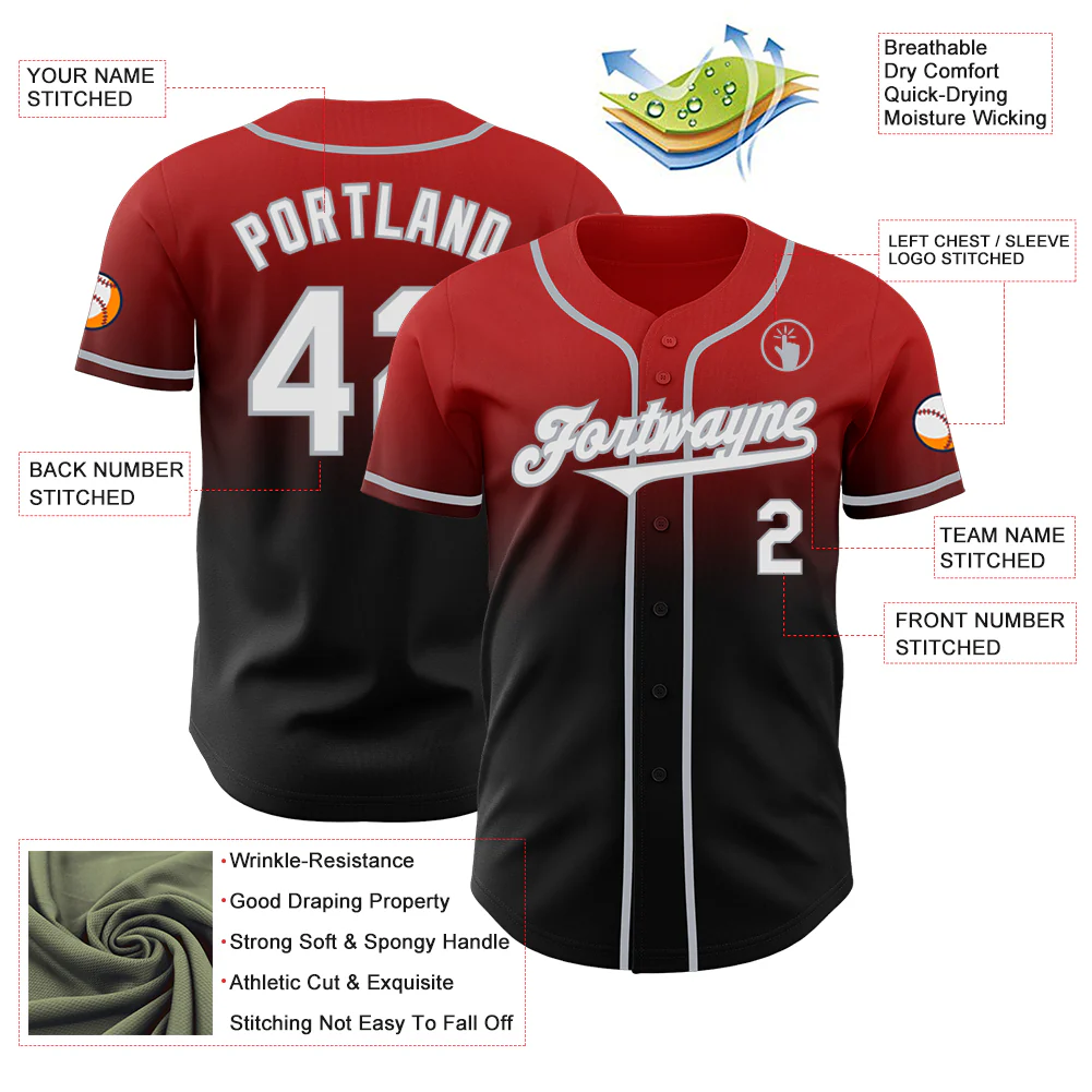 Custom Red Black-Gray Authentic Fade Fashion Baseball Jersey - Image 3