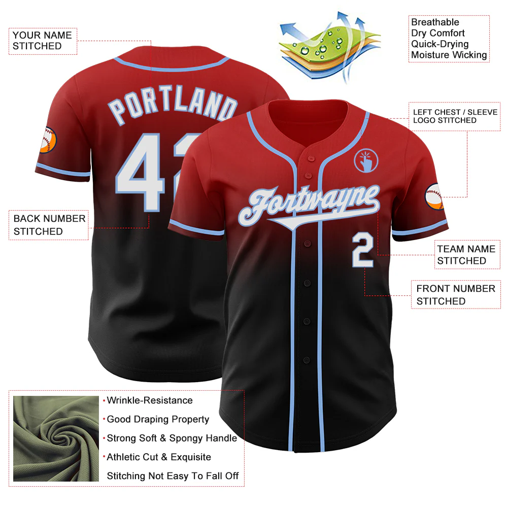Custom Red Black-Light Blue Authentic Fade Fashion Baseball Jersey - Image 3