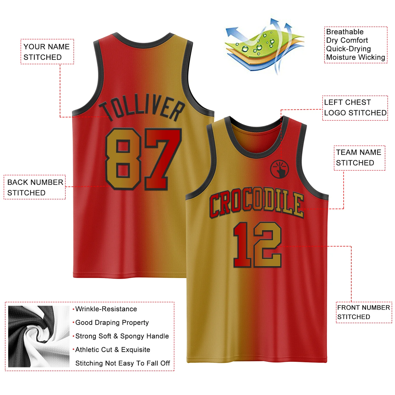 Custom Red Old Gold-Black Authentic Gradient Fashion Basketball Jersey - Image 3