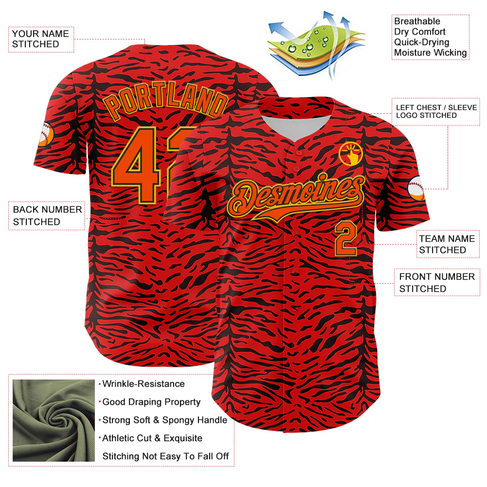 Custom Red Orange Black-Yellow 3D Pattern Design Burner Costumes Animal Tiger Print Authentic Baseball Jersey - Image 3