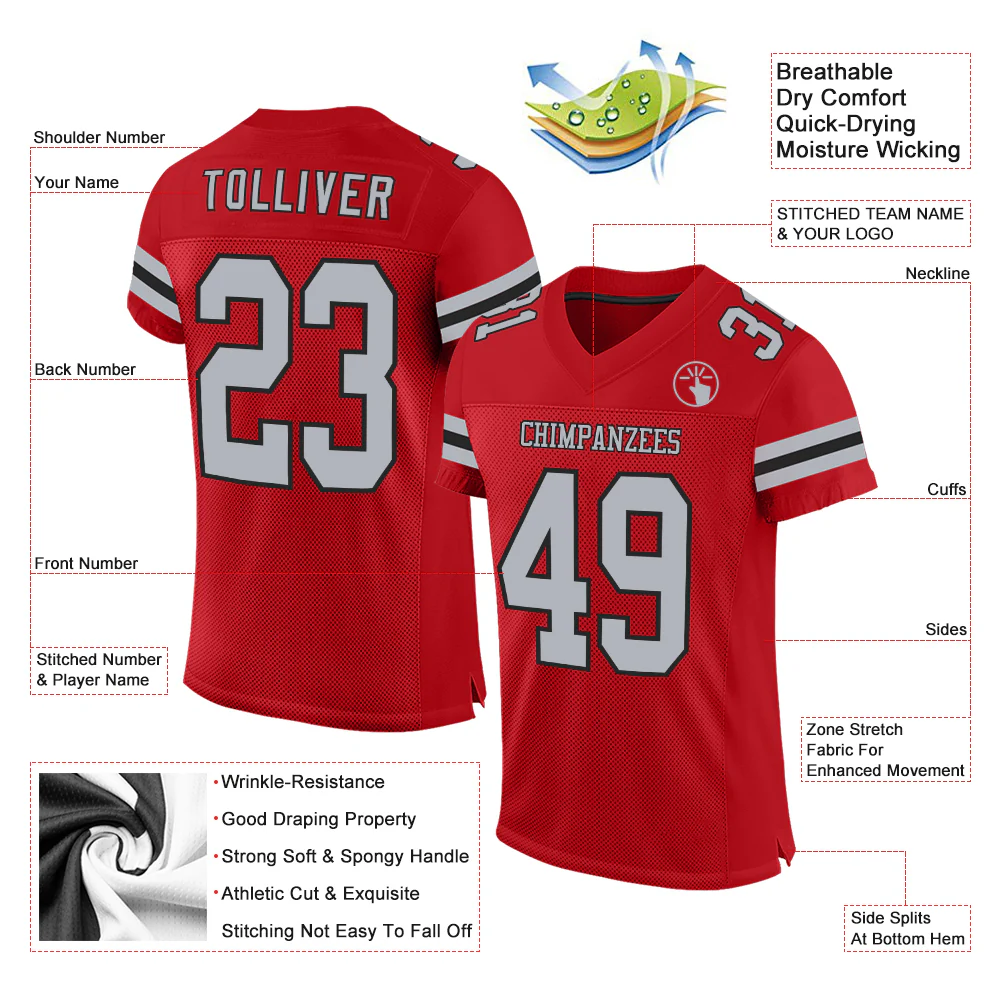 Custom Red Gray-Black Mesh Authentic Football Jersey - Image 2