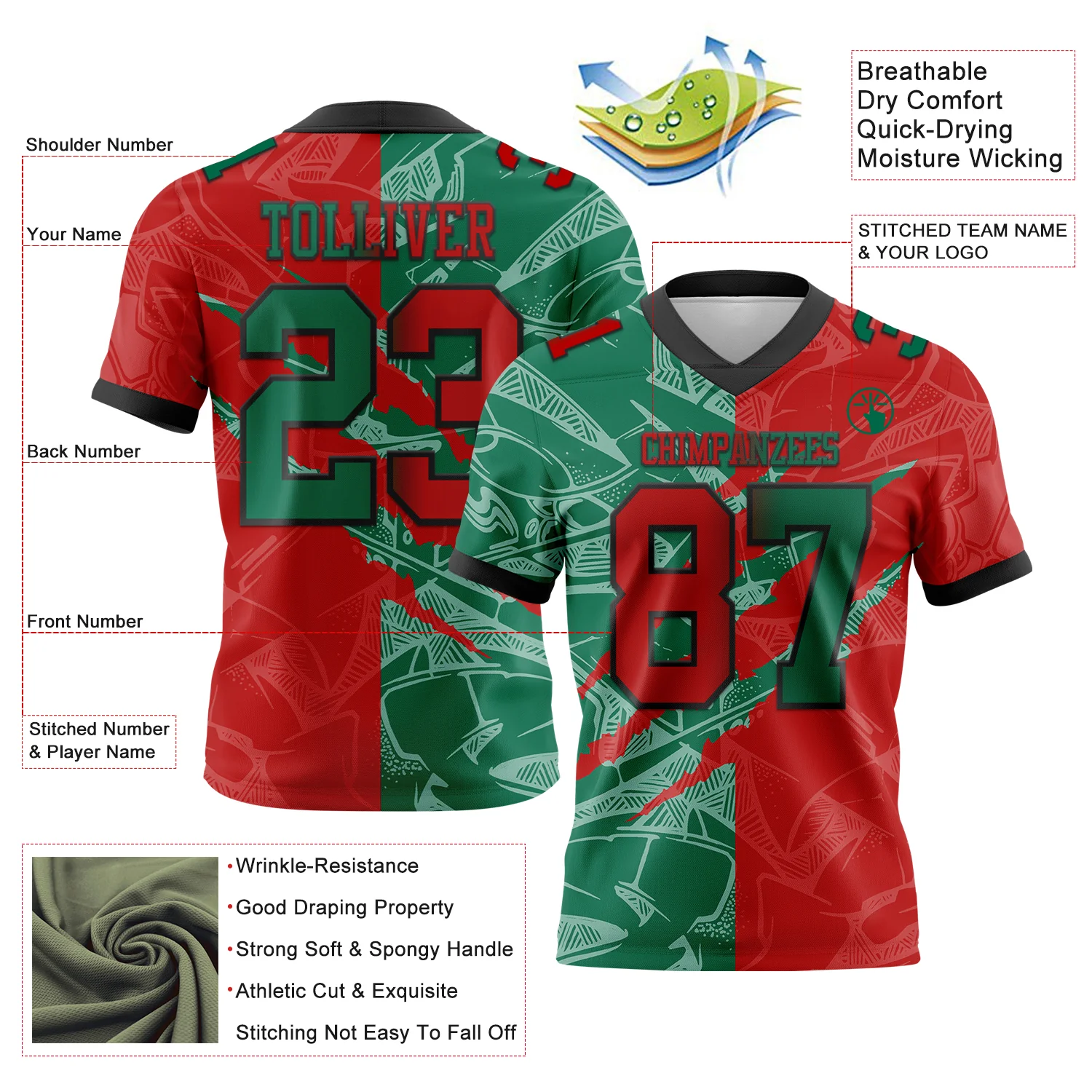 Custom Red Kelly Green-Black Authentic Gradient Fashion Scratch Football Jersey - Image 3