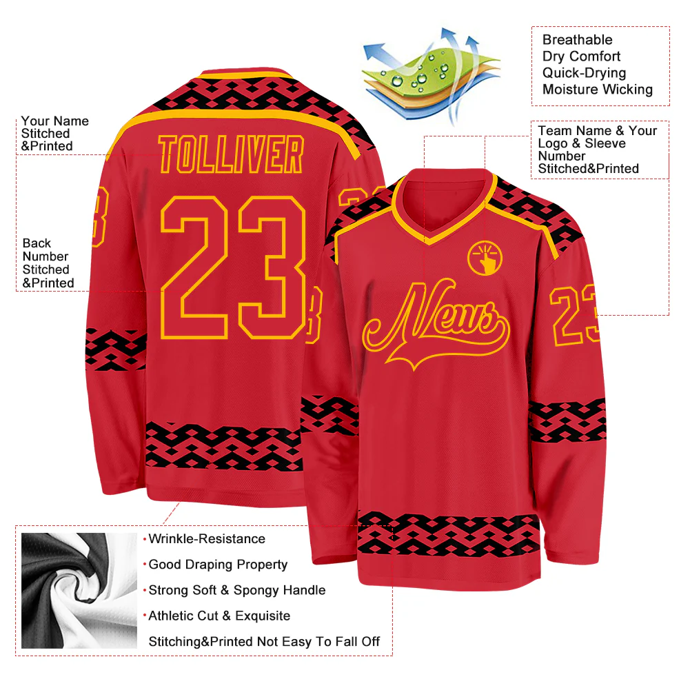 Custom Red Black-Gold Plaid Hockey Jersey - Image 5