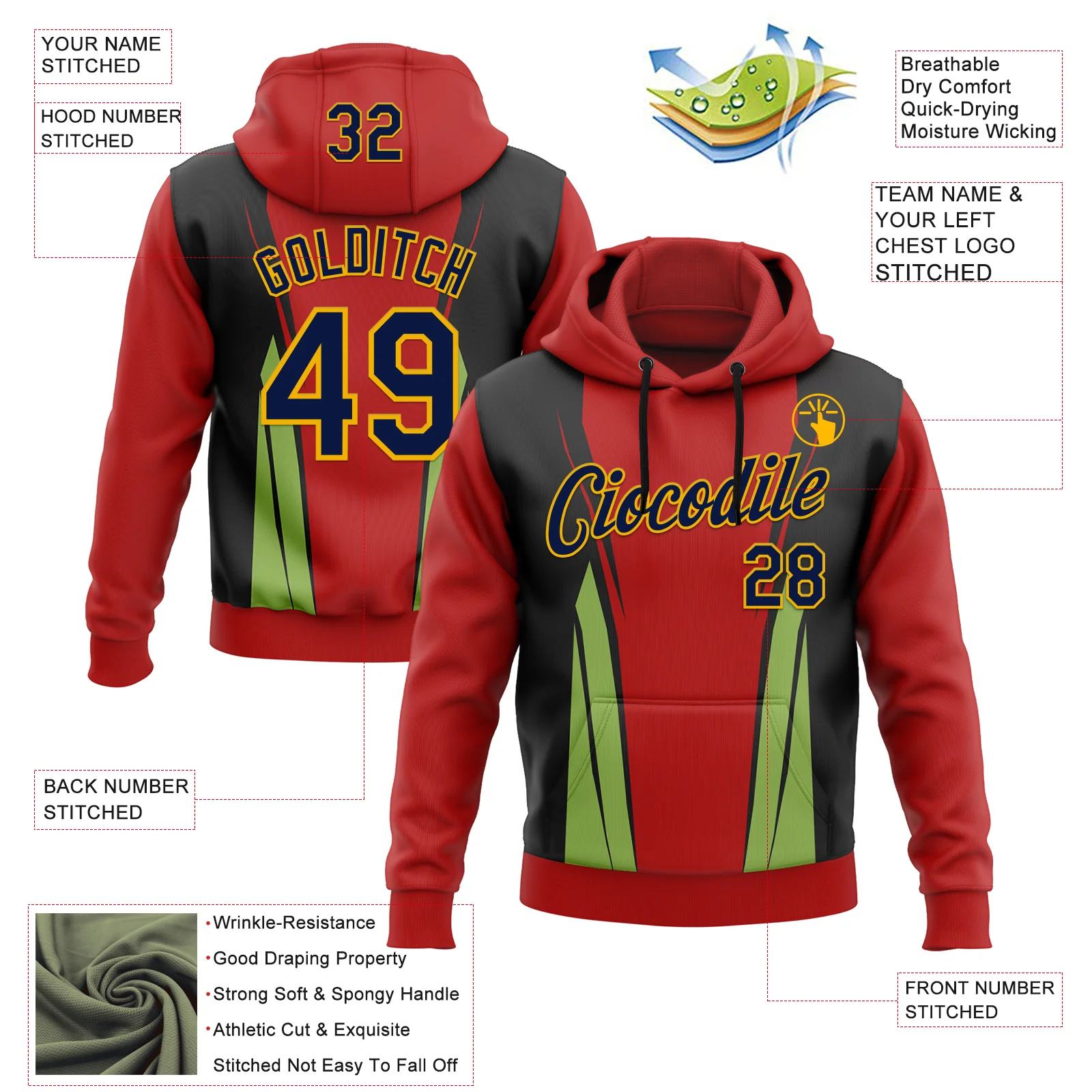 Custom Stitched Red Navy Black Green-Gold 3D Pattern Design Sportswear Pullover Sweatshirt Hoodie - Image 2
