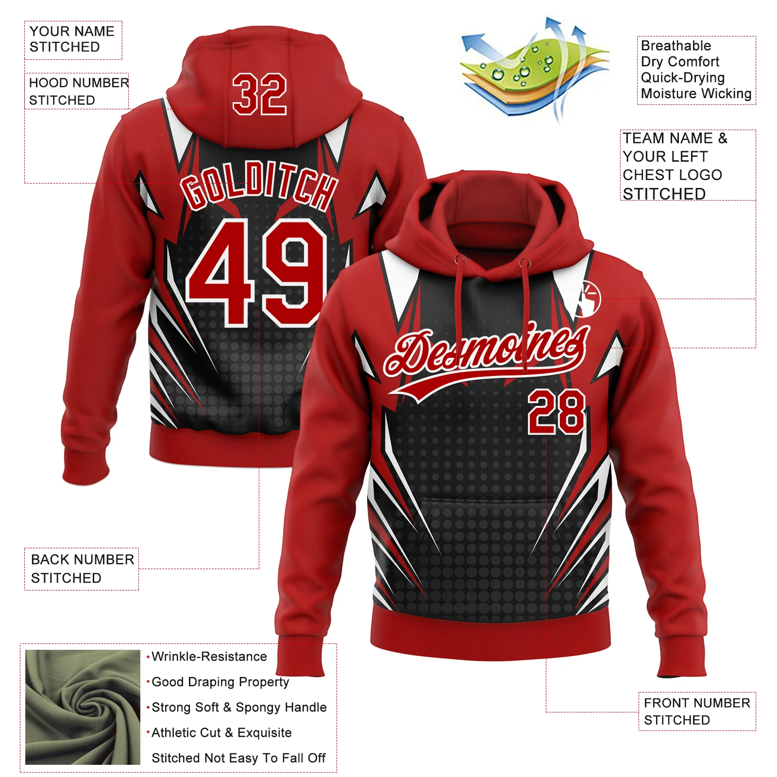 Custom Stitched Red Black-White E-sports Pattern Pullover Sweatshirt Hoodie - Image 4