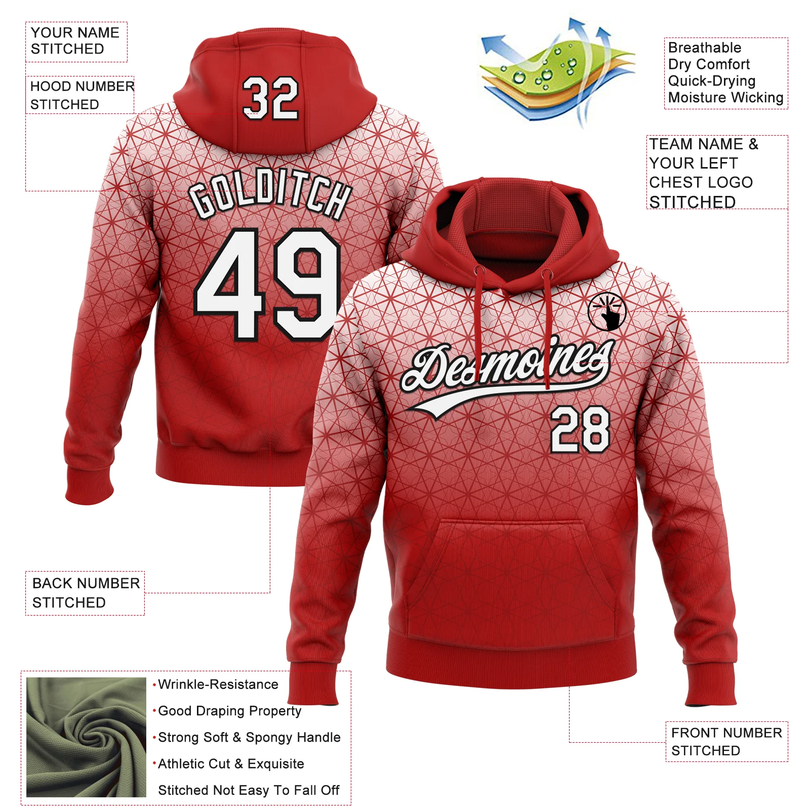 Custom Stitched Red White-Black 3D Pattern Design Gradient Line Sportswear Pullover Sweatshirt Hoodie - Image 2
