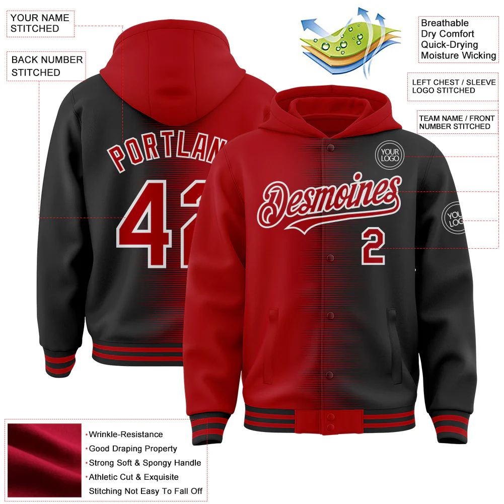 Custom Red Black-White Gradient Line Bomber Full-Snap Varsity Letterman Hoodie Jacket - Image 4