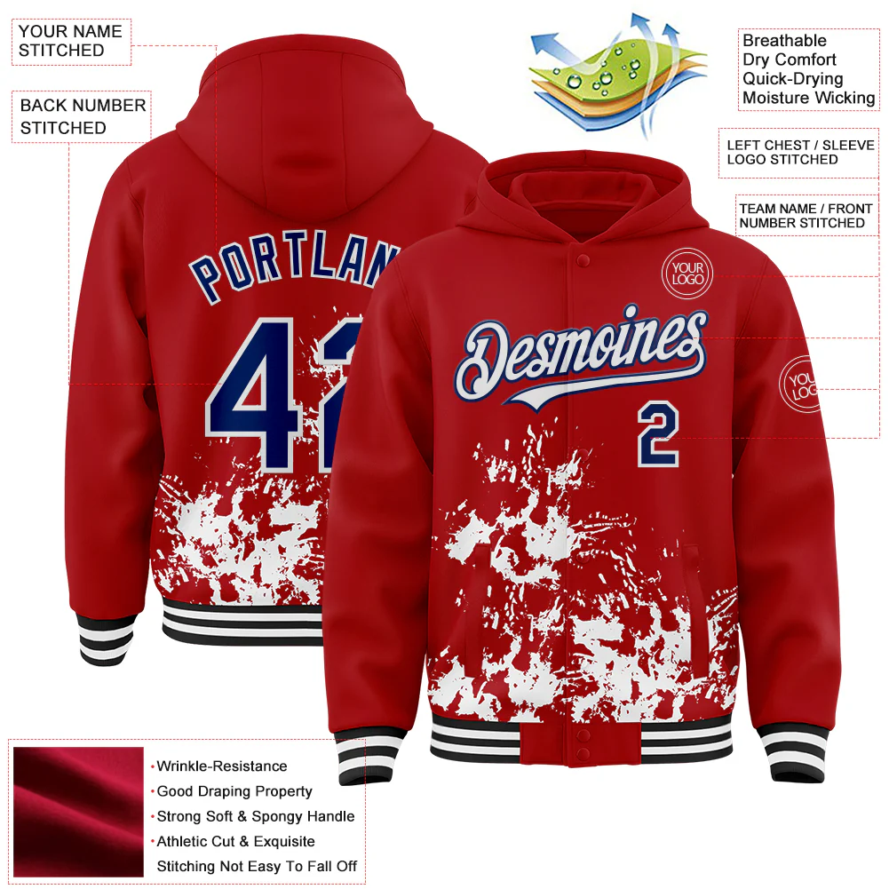 Custom Red Royal Black-White Splash Art 3D Pattern Design Bomber Full-Snap Varsity Letterman Hoodie Jacket - Image 4