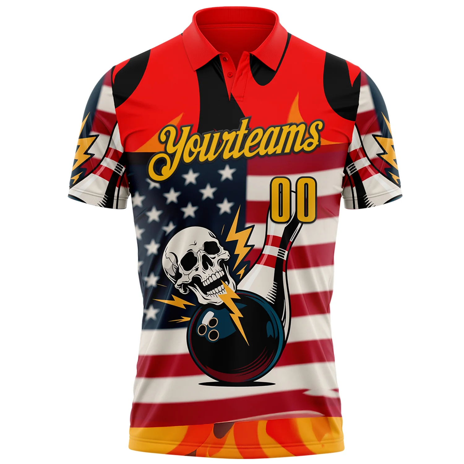 Custom Red Gold-Black 3D American Flag Skull Bowling Performance Polo Shirt - Image 2