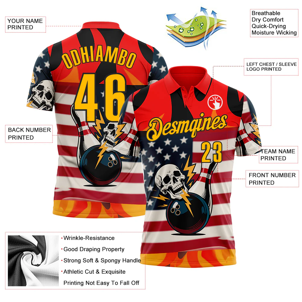 Custom Red Gold-Black 3D American Flag Skull Bowling Performance Polo Shirt - Image 3
