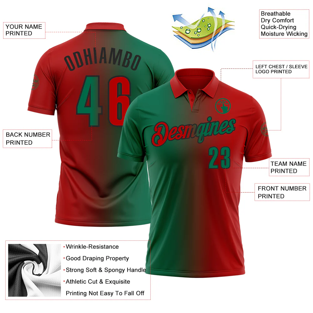 Custom Red Kelly Green-Black 3D Gradient Fashion Performance Polo Shirt - Image 3