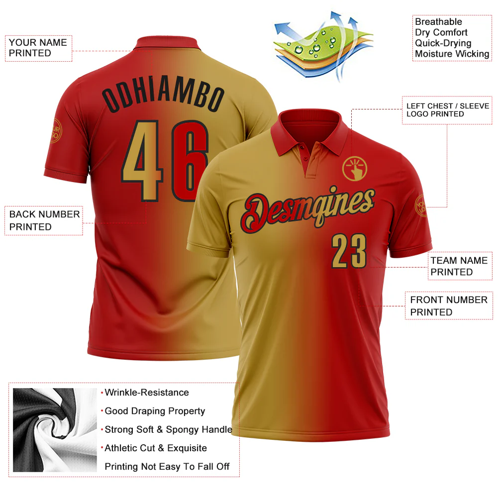 Custom Red Old Gold-Black 3D Gradient Fashion Performance Polo Shirt - Image 3
