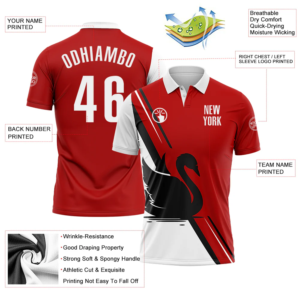 Custom Red White-Black 3D Pattern Design Animal Swan Performance Polo Shirt - Image 3