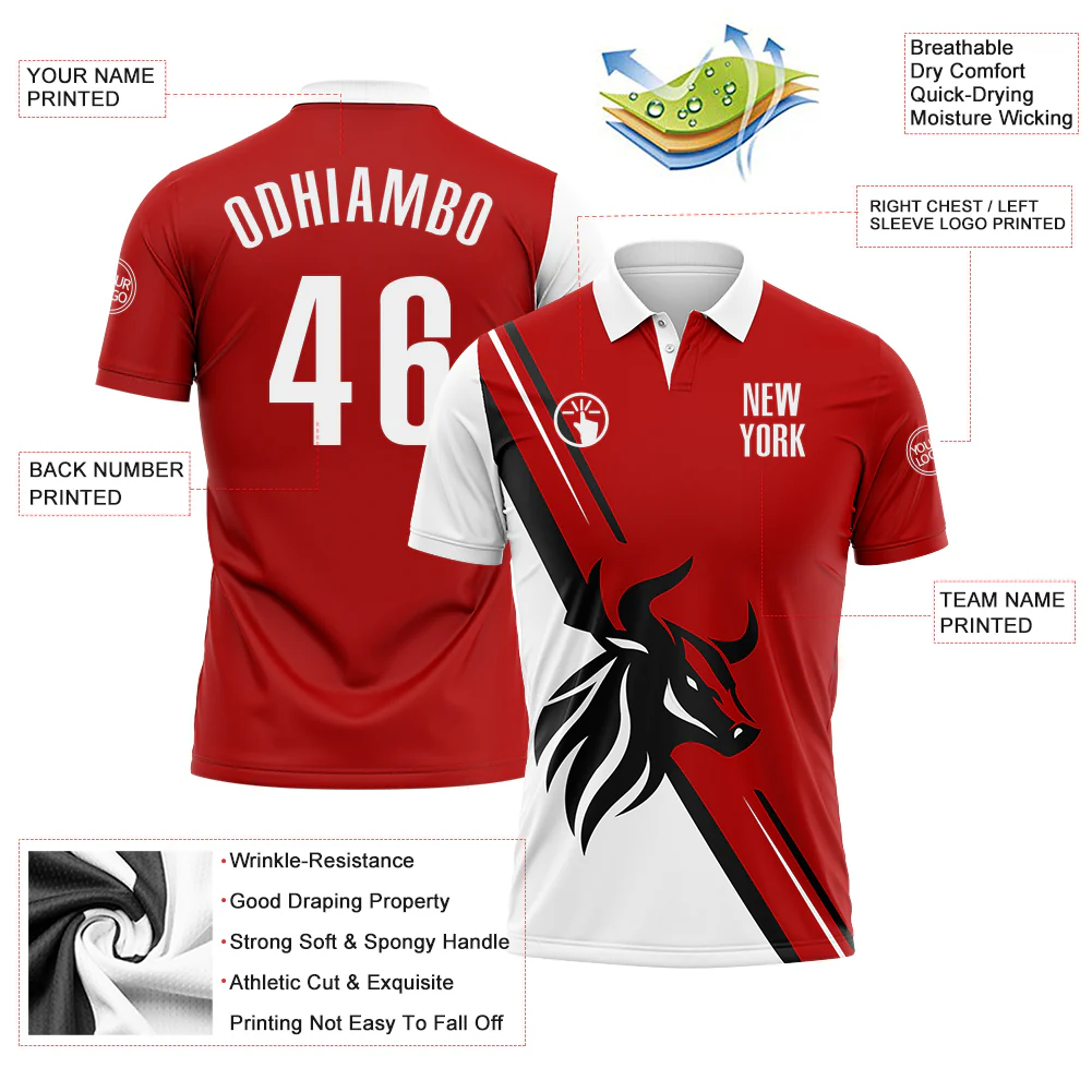 Custom Red White-Black 3D Pattern Design Animal Bull Performance Polo Shirt - Image 3