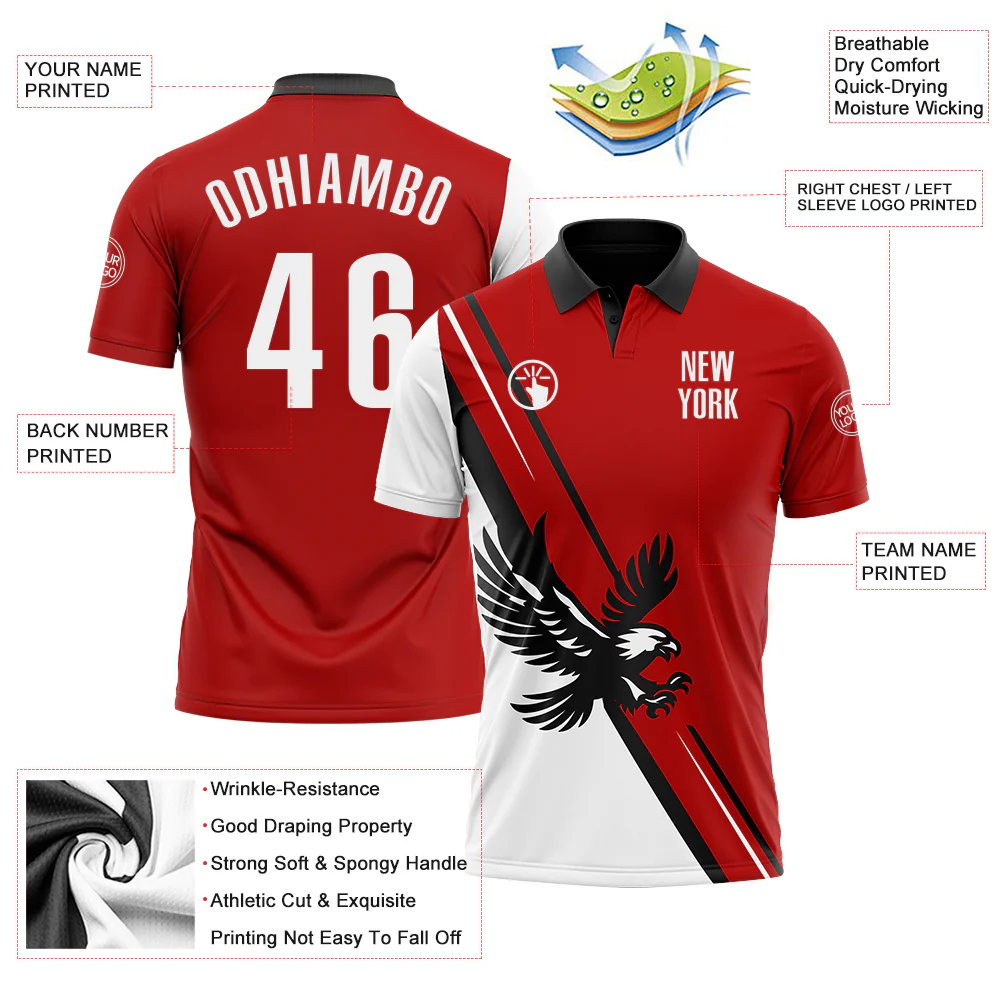 Custom Red White-Black 3D Pattern Design Animal Eagle Performance Polo Shirt - Image 3