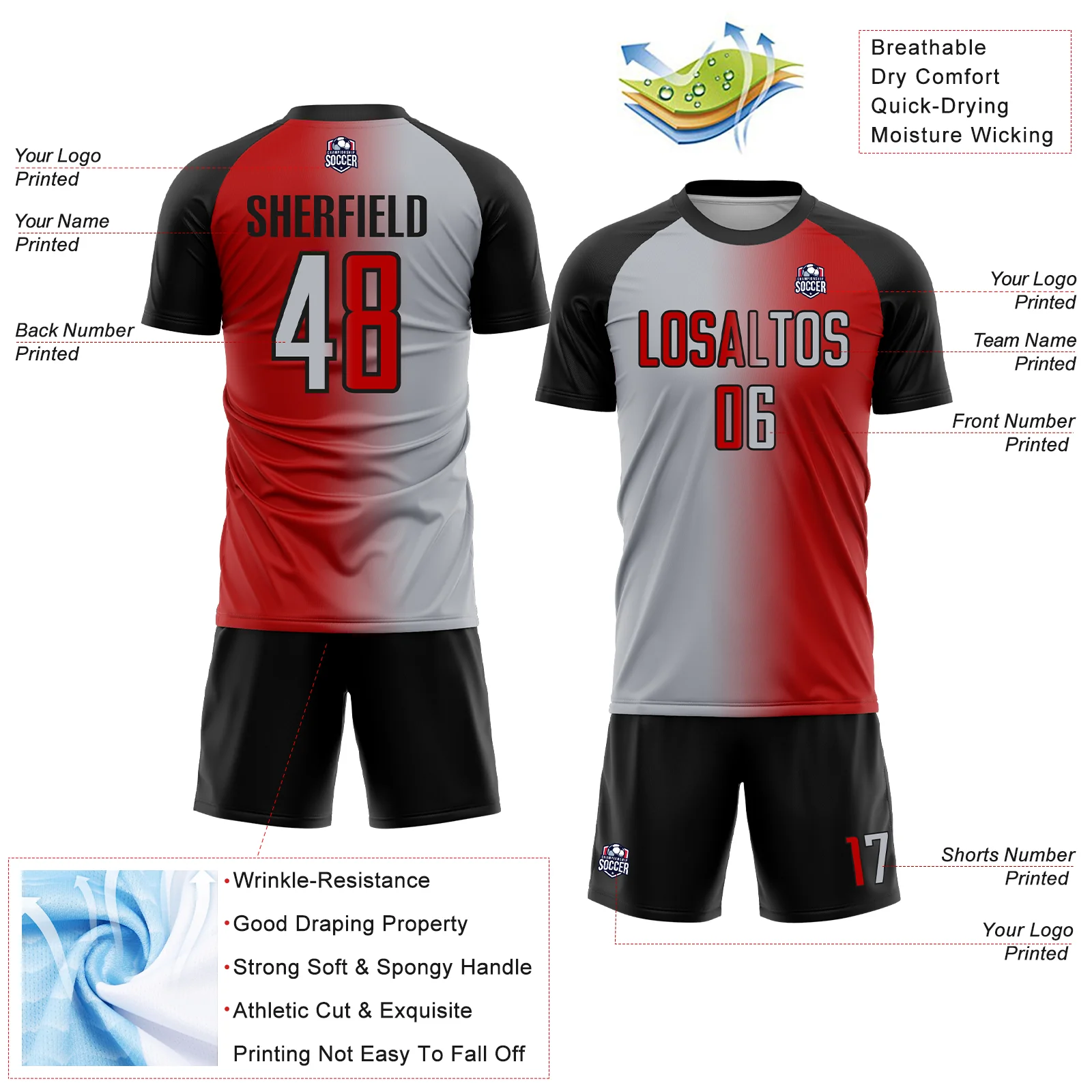 Custom Red Gray-Black Sublimation Gradient Fashion Soccer Uniform Jersey - Image 4