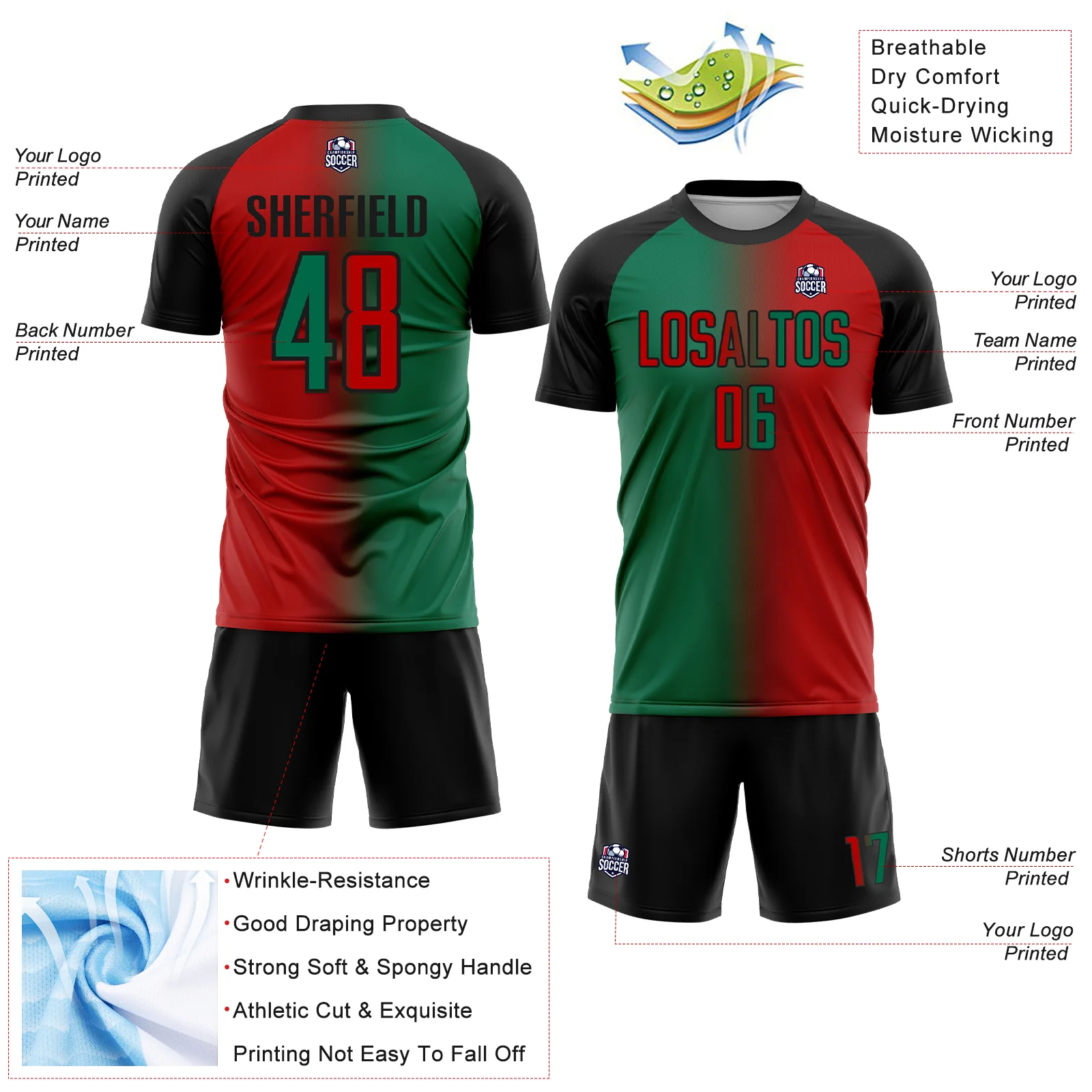 Custom Red Kelly Green-Black Sublimation Gradient Fashion Soccer Uniform Jersey - Image 4
