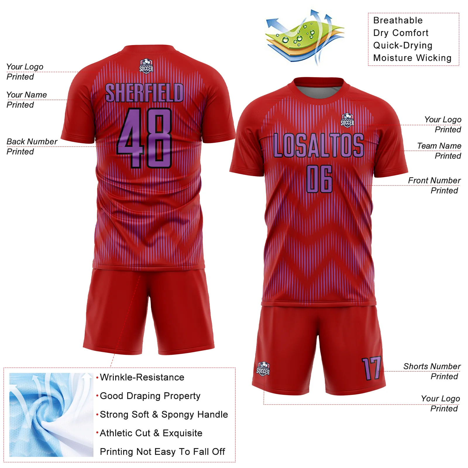 Custom Red Medium Purple-Black Line Sublimation Soccer Uniform Jersey - Image 4