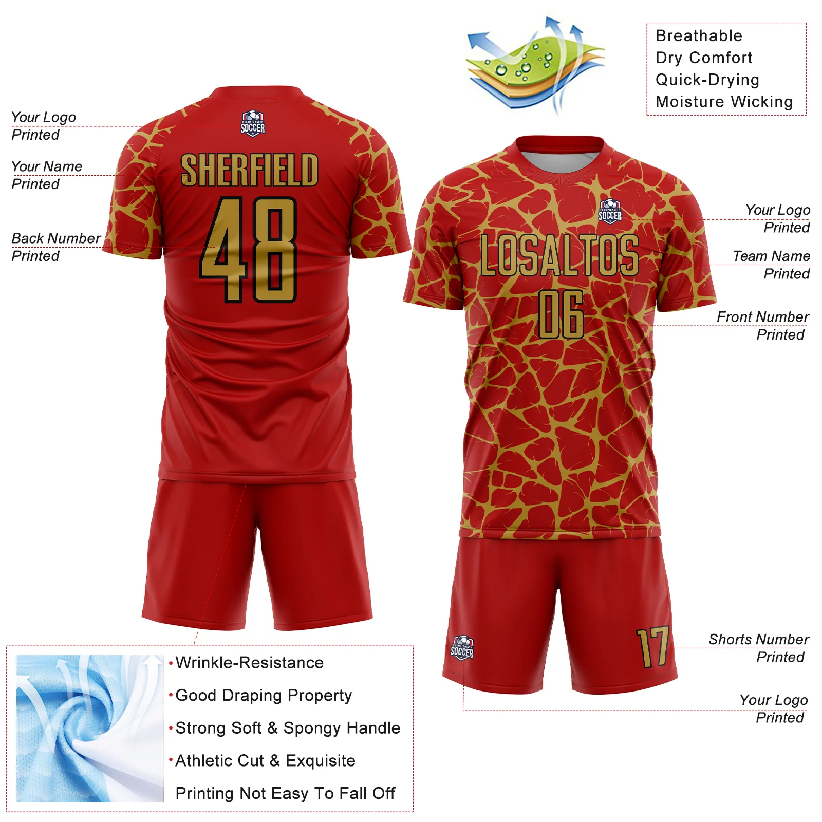 Custom Red Old Gold-Black Abstract Network Splash Sublimation Soccer Uniform Jersey - Image 4