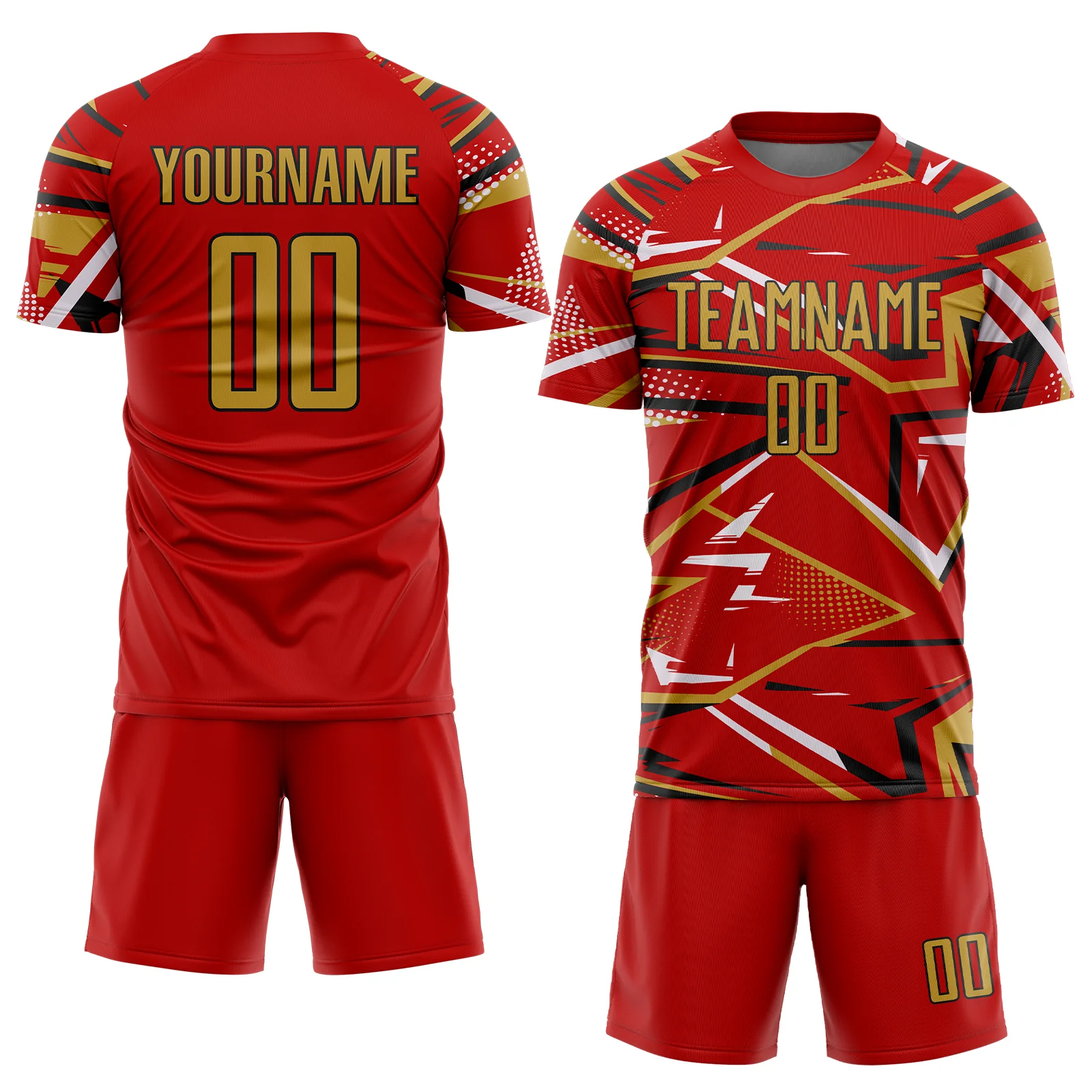 Custom Red Old Gold Black-White Abstract Geometric Stripes Sports Sublimation Soccer Uniform Jersey - Image 2
