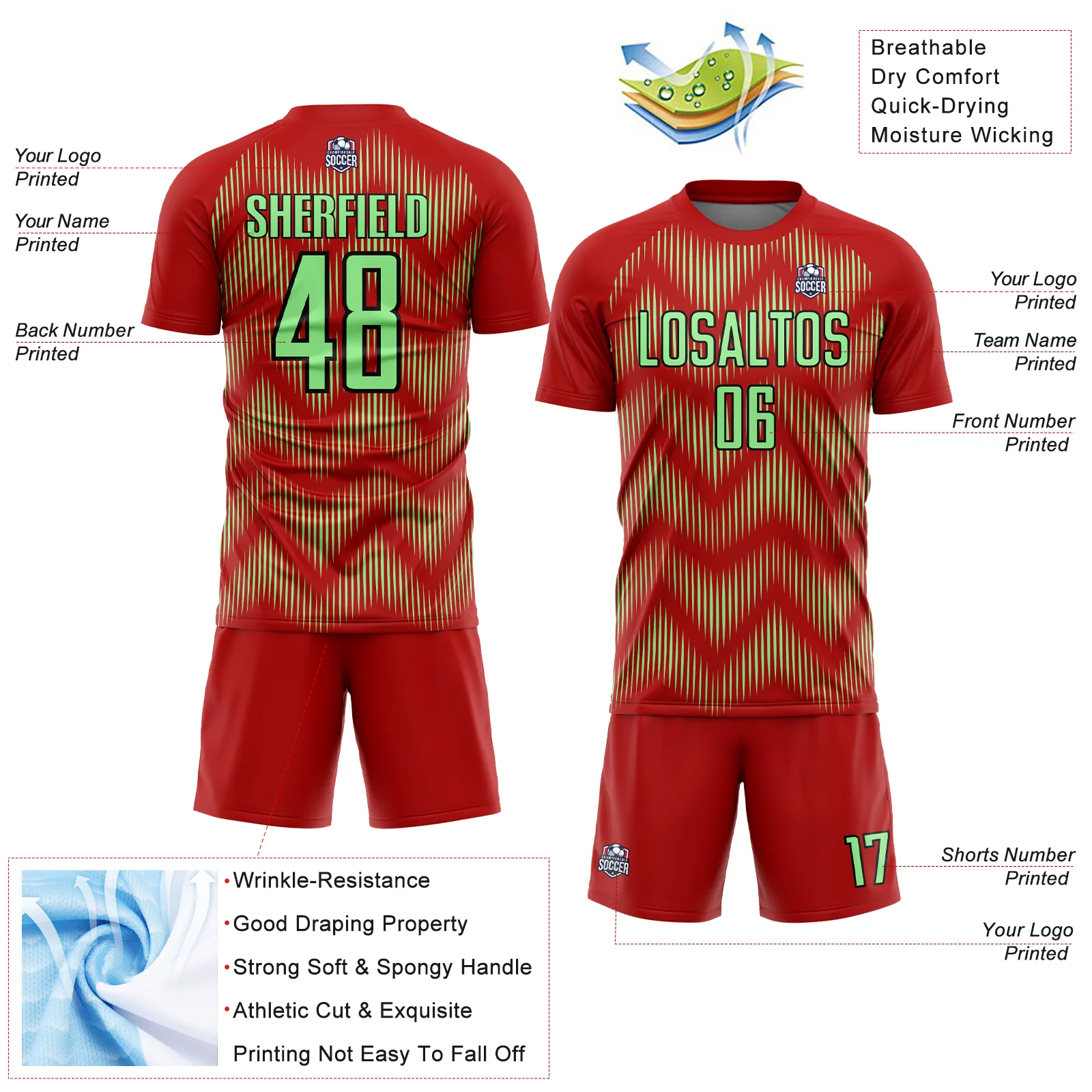 Custom Red Pea Green-Black Line Sublimation Soccer Uniform Jersey - Image 4