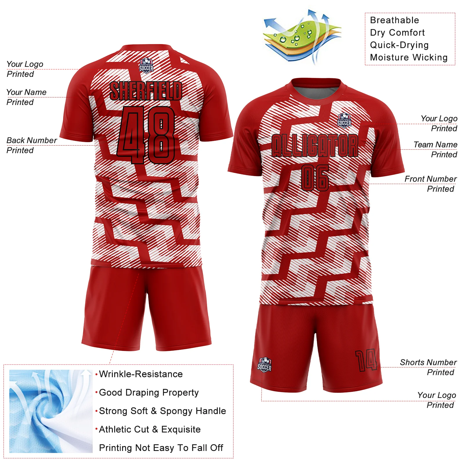 Custom Red Black-White Line Sublimation Soccer Uniform Jersey - Image 4