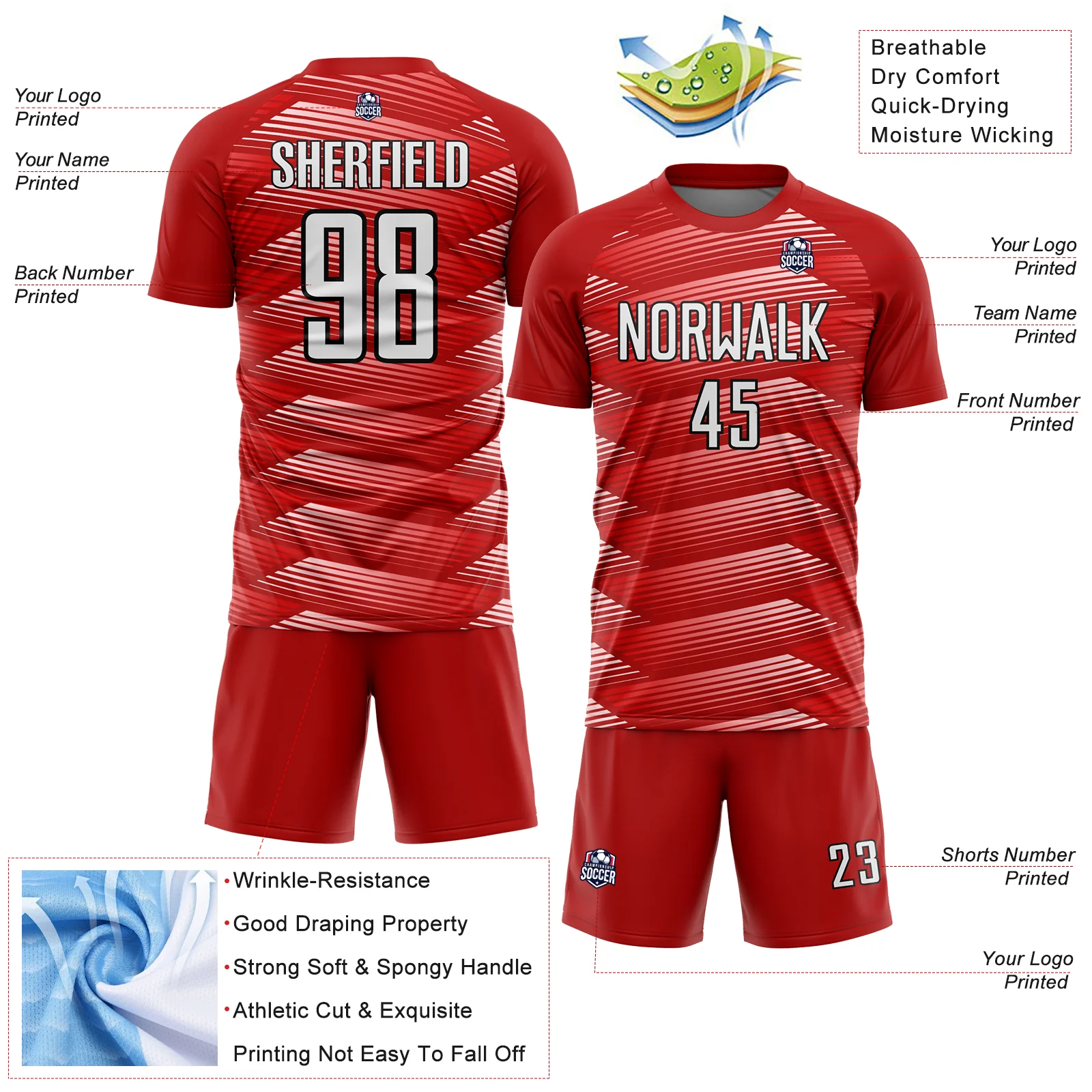 Custom Red White-Black Stripe Line Sublimation Soccer Uniform Jersey - Image 4