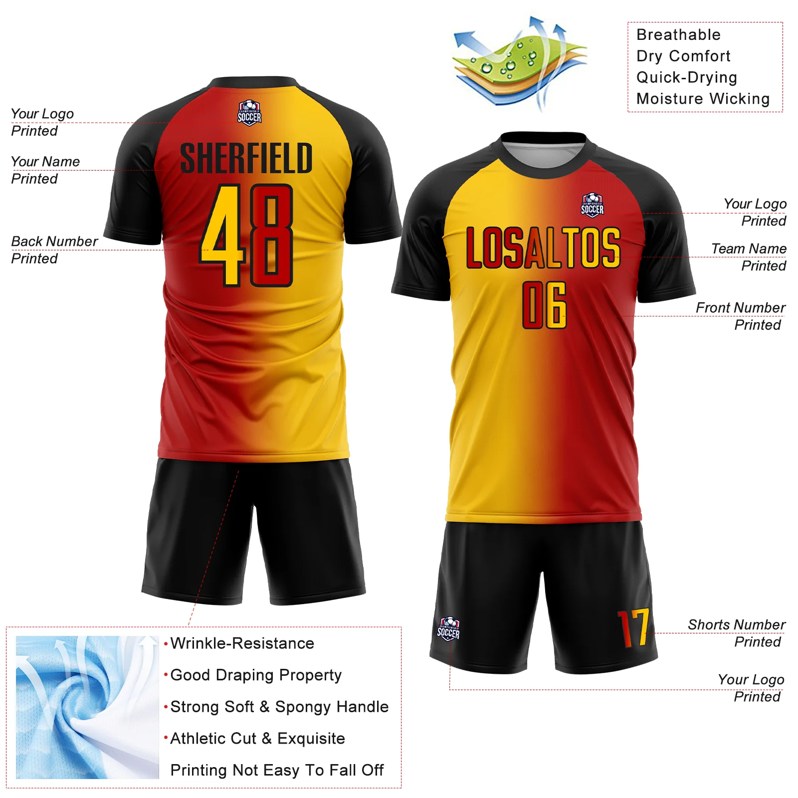 Custom Red Yellow-Black Sublimation Gradient Fashion Soccer Uniform Jersey - Image 4