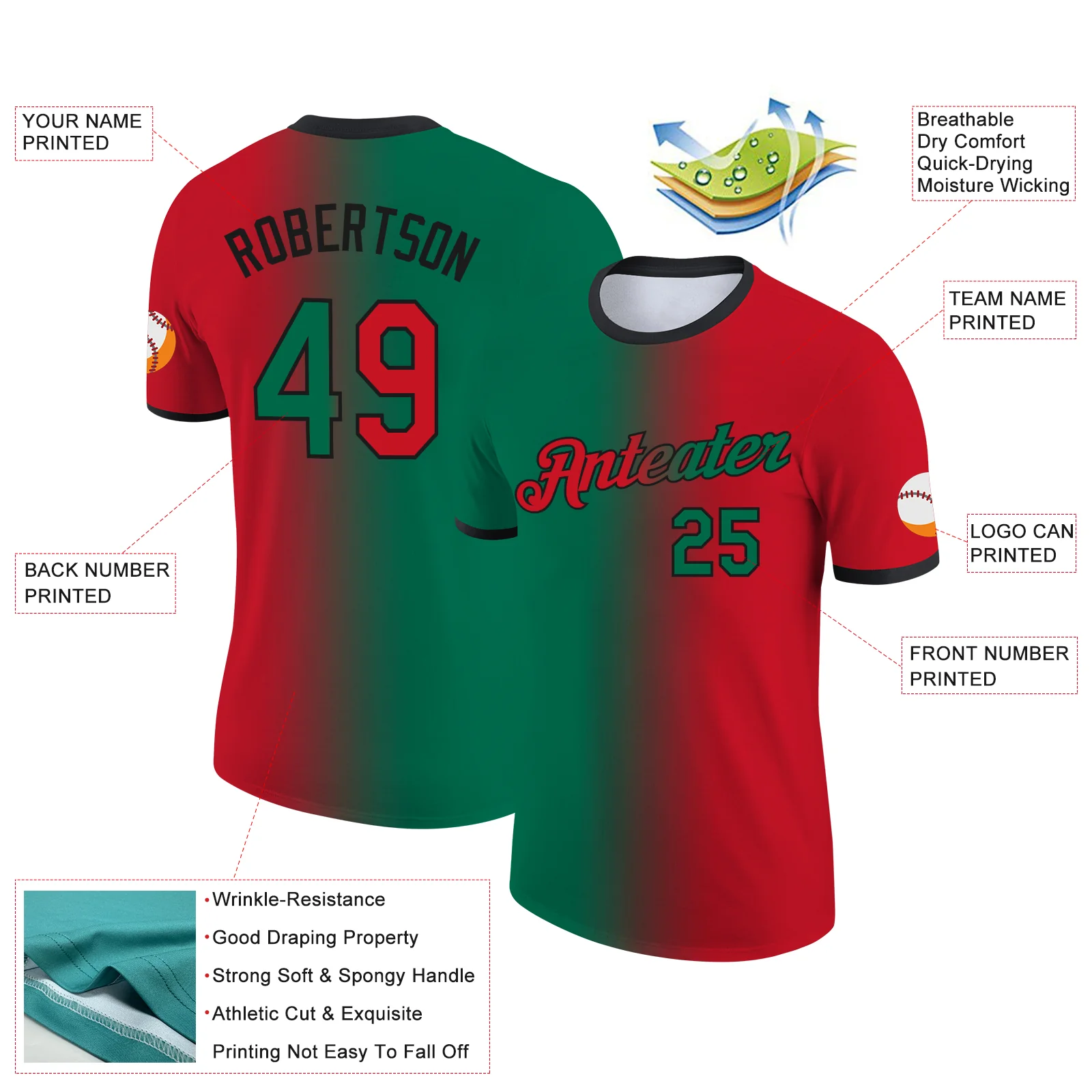 Custom Red Kelly Green-Black Gradient Fashion Performance T-Shirt - Image 2