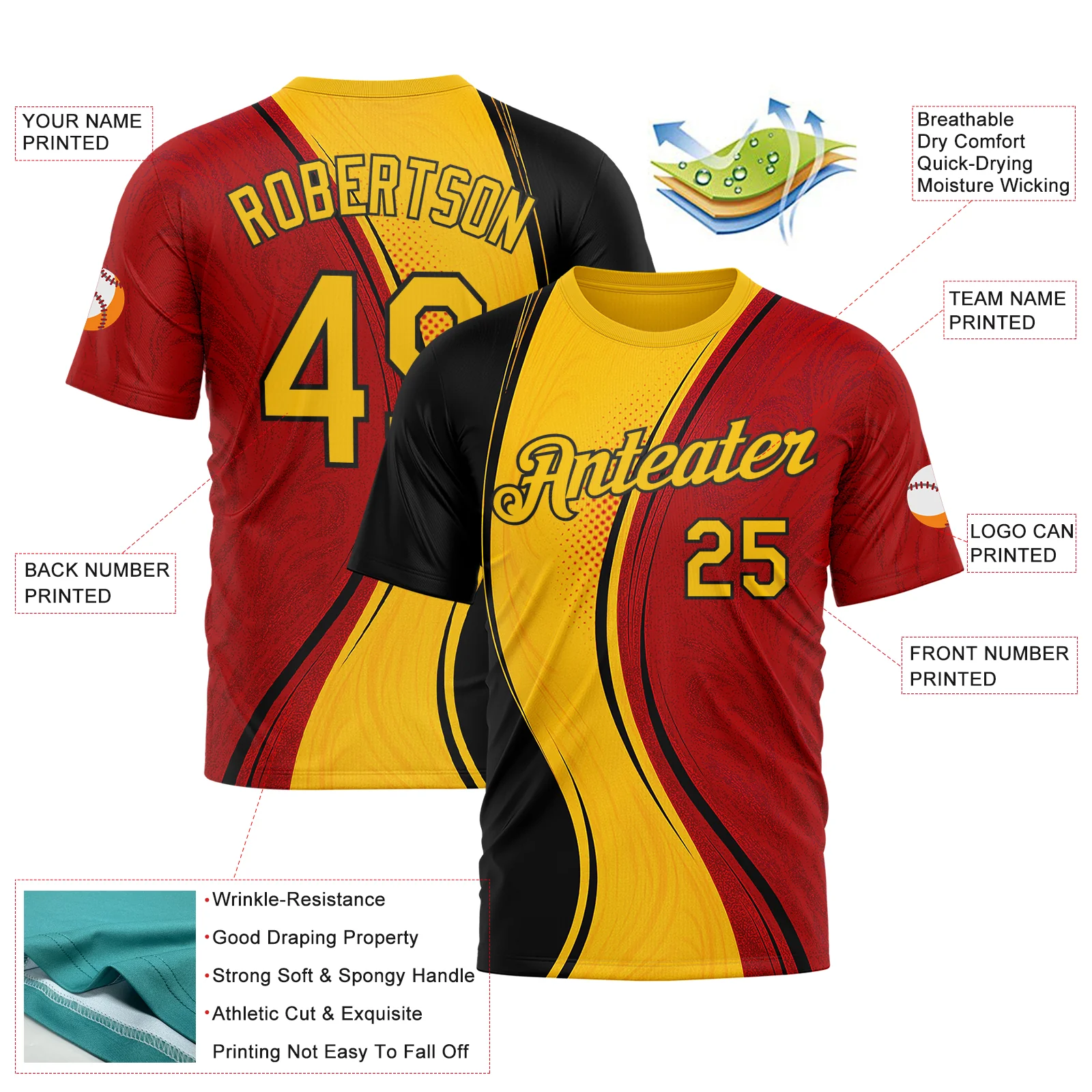 Custom Red Yellow-White 3D Pattern Design Germany Sportswear Performance T-Shirt - Image 2