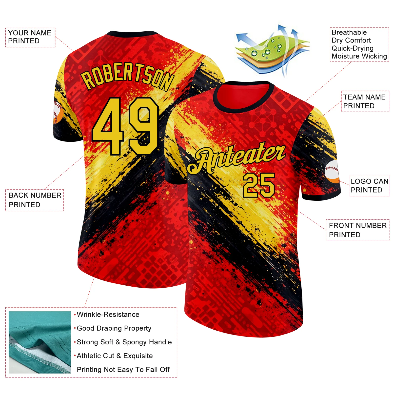 Custom Red Yellow-Black Belgium Splash Soccer Jersey Performance T-Shirt - Image 2