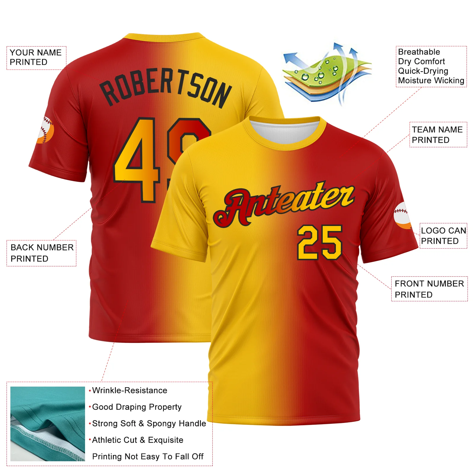Custom Red Yellow-Black Gradient Fashion Performance T-Shirt - Image 2