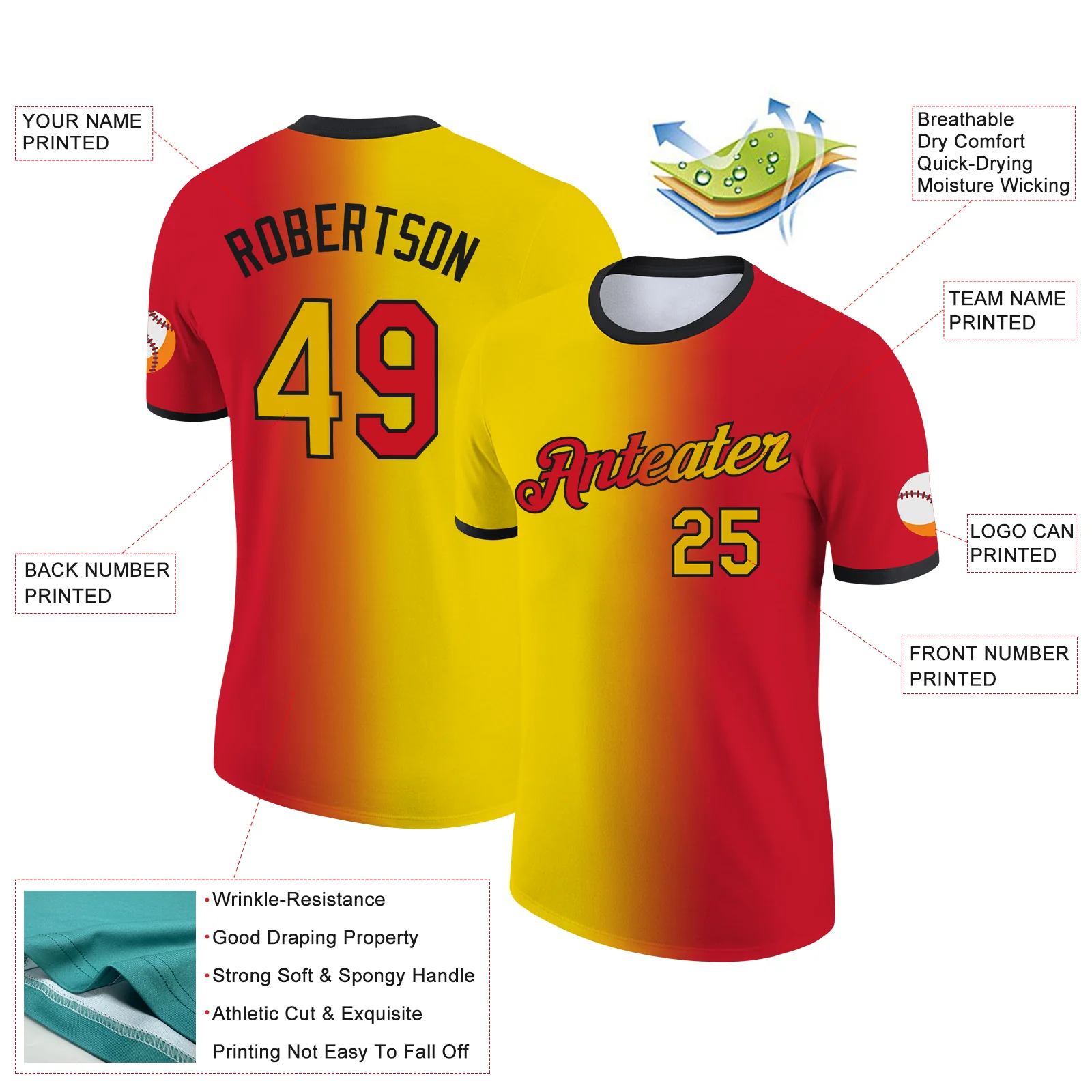 Custom Red Yellow-Black Gradient Fashion Performance T-Shirt - Image 2