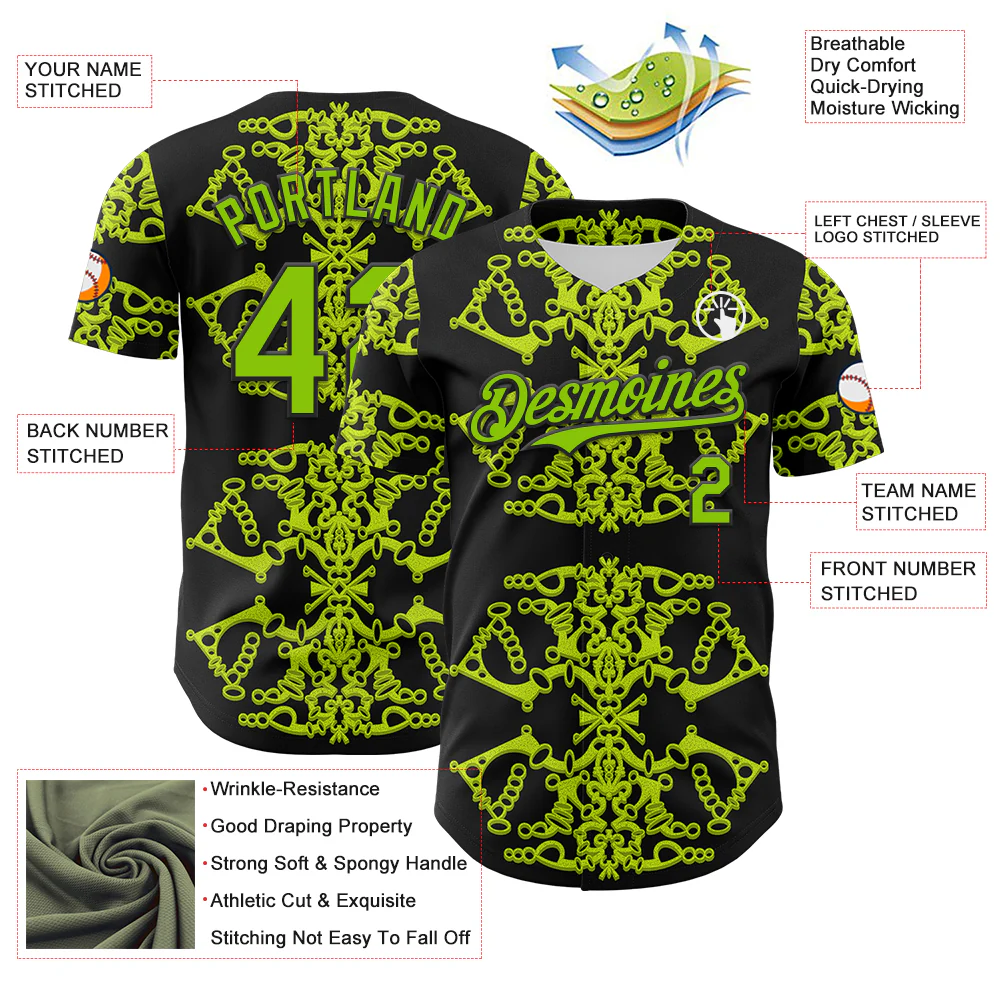 Custom Black Neon Green 3D KYLMAX HUBTUHAN Authentic Baseball Jersey - Image 3